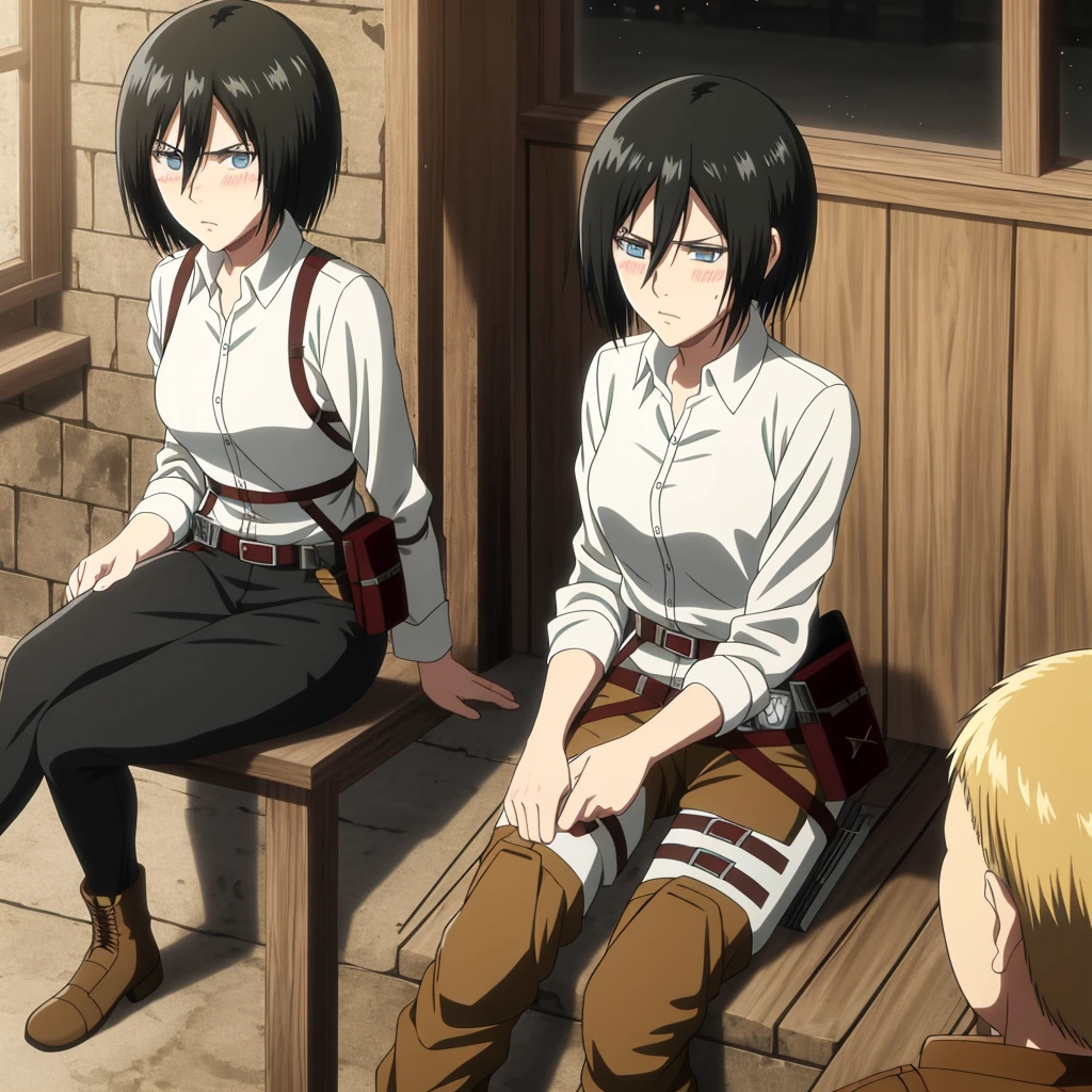 Mikasa Ackerman, Attack on Titan, 1 female, asymmetrical hairstyle, black hair, blue eyes, blushing, piercing gaze, sharp features, snow-white skin, serious expression, scar on the back of the left elbow, military uniform, high collar, belt, utility pouches, holstered sword, indoors, candlelit room, dimly lit, autumn scenery outside the window, sitting on a chair, legs crossed, hand resting on the knee, short sleeves revealing arm muscles.