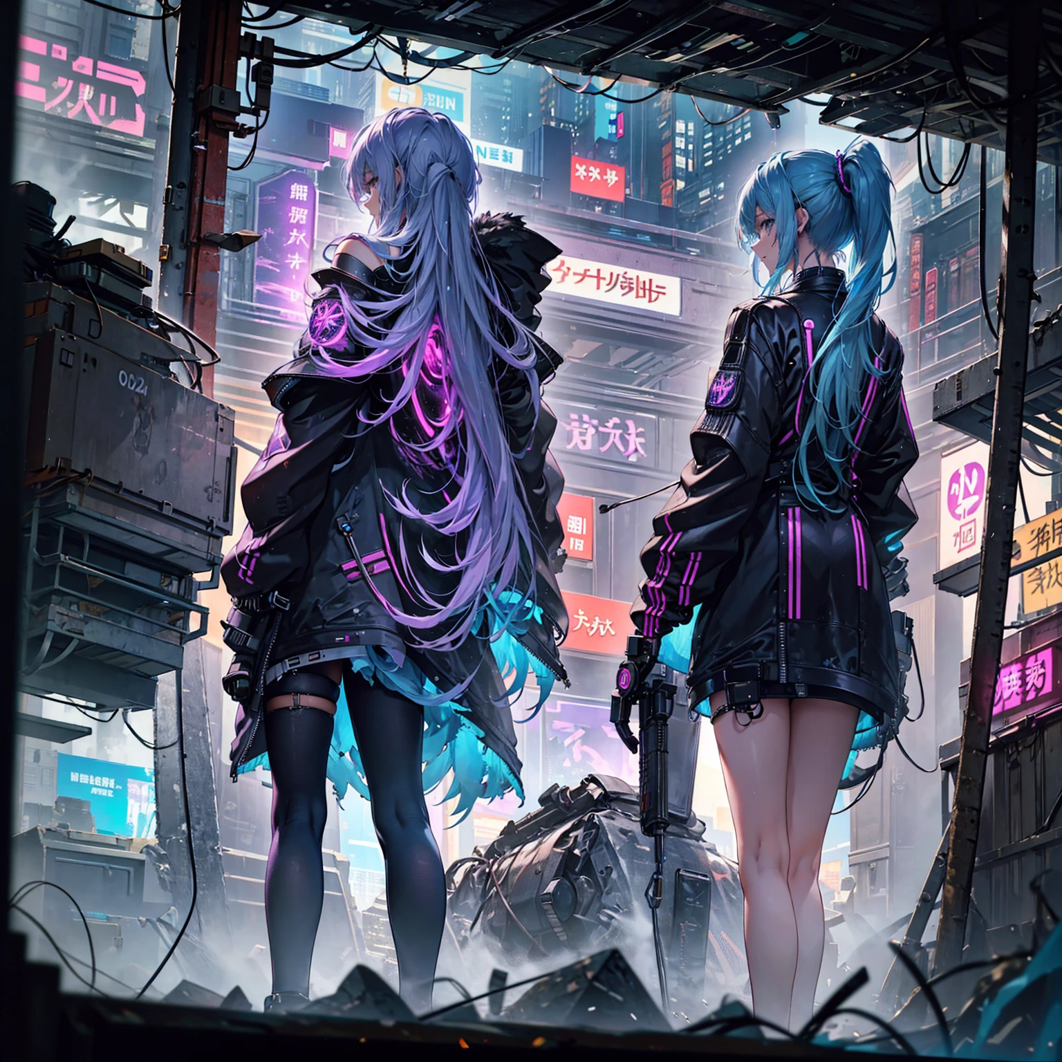 Ultra-detailed, high resolution (3.5K), Cyberpunk setting:
1. A man with long, flowing blue hair offers a helping hand to a woman, her purple gradient double braid ponytail cascading down her back. Both are adorned with Mecha-inspired body modifications.
2. Ruins serve as a backdrop, the remnants of a once-great city now submerged in the gritty, neon-lit atmosphere of the night.
3. Their sleeves are rolled up, revealing intricate mechanical workings beneath their clothing, as they collaborate on a mysterious task.
4. In the foreground, the woman'