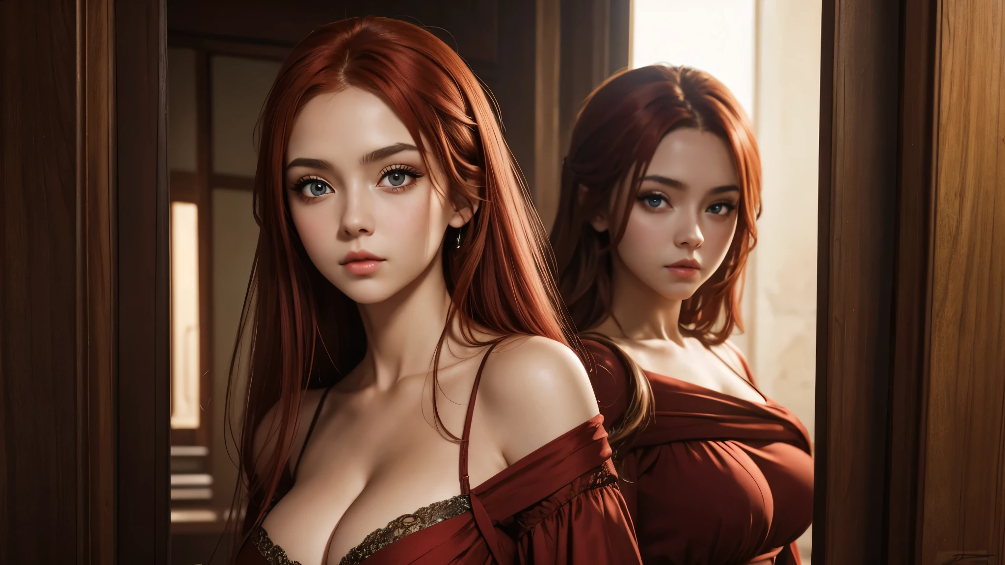 Best Quality, Masterpiece, (Realistic: 1.2), 1 girl, slim girl, red hair, brown eyes, front, detailed face, beautiful eyes, brown eyes, big eyes, small breasts, cleavage, long dress