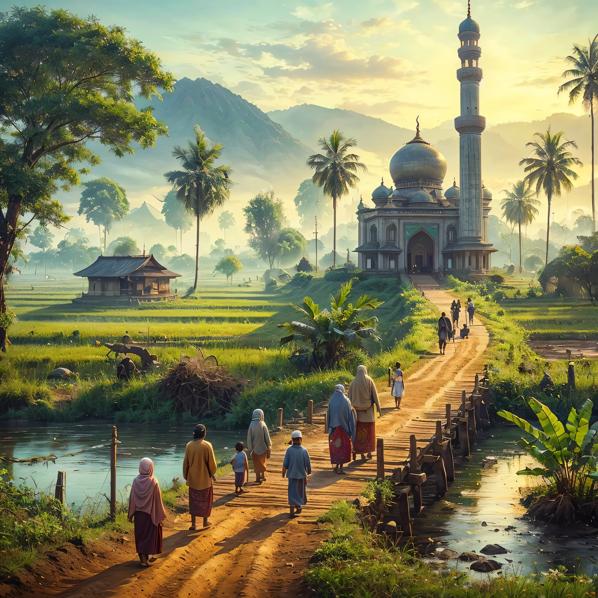 a group of people walking down a dirt road, a detailed matte painting, by Rudy Siswanto, sumatraism, with beautiful mosques, an indonesian family portrait, islamic art, bridge between the worlds, andrey gordeev, blissful journey
