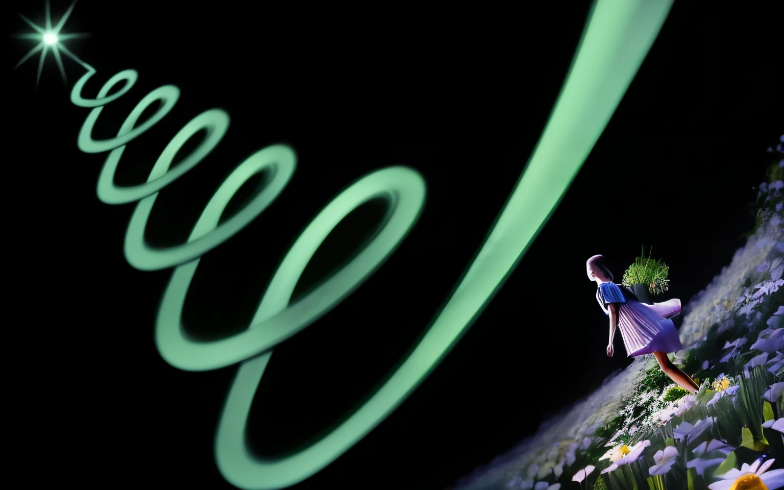 A beautiful spiral of green light rising to the sky, A girl standing in a flower field looking up,