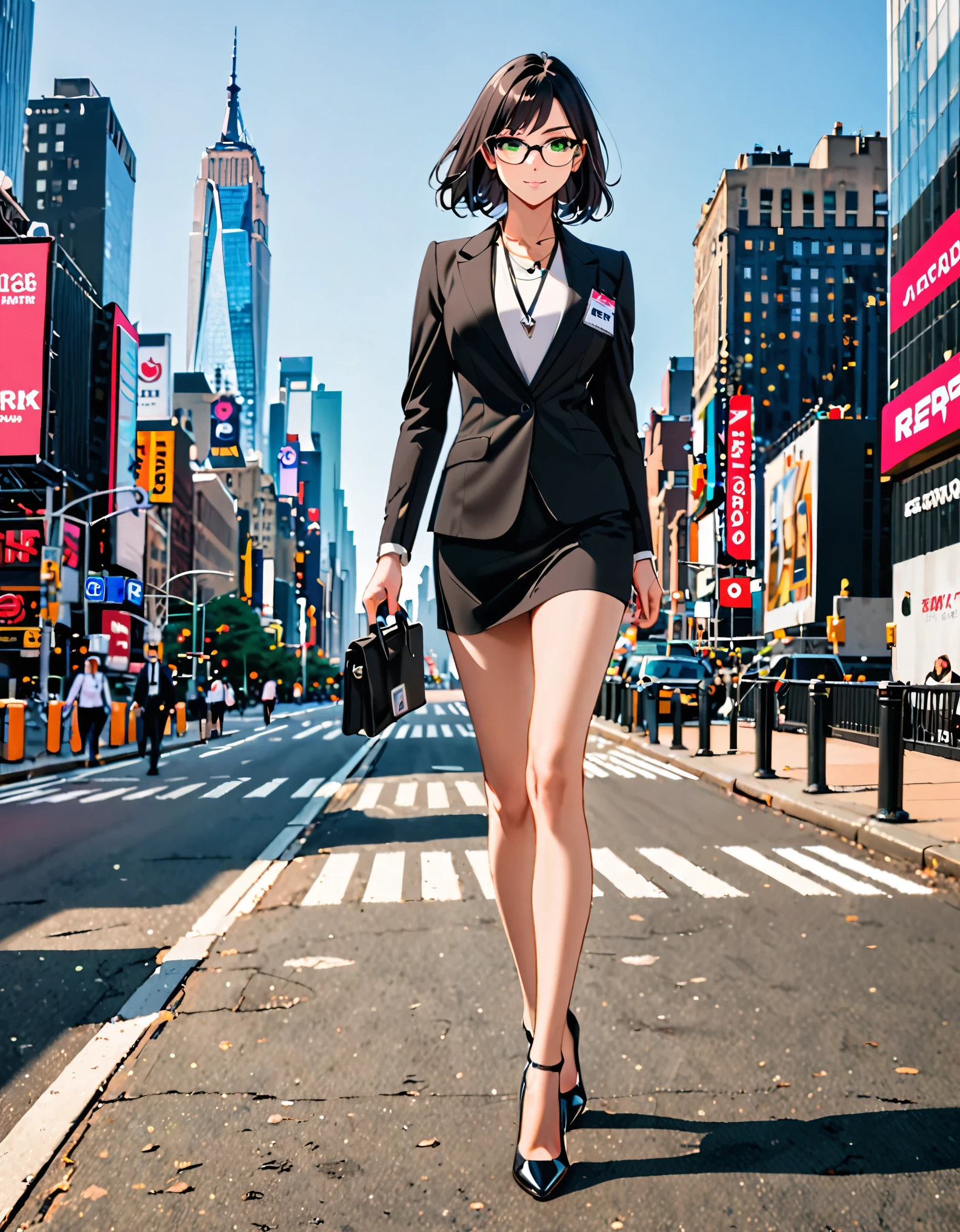 (masterpiece), (best quality), (high res), 1lady, tall body, beautiful detailed eyes, beautiful detailed face, glasses, confident look, perfect hands, complete fingers, perfect anatomy, perfect proportions, ((jet black hair, medium hair)), ((green eyes)), ((black suit and tie, reporter's id card necklace)), (white shirt), ((bare legs)), ((shoes, matching shoes, high heels)), breasts, medium breasts, (full body portrait), looking at viewer, walking, casual, solo, solo focus, cowboy shot, new york backdrop, full body costume design.