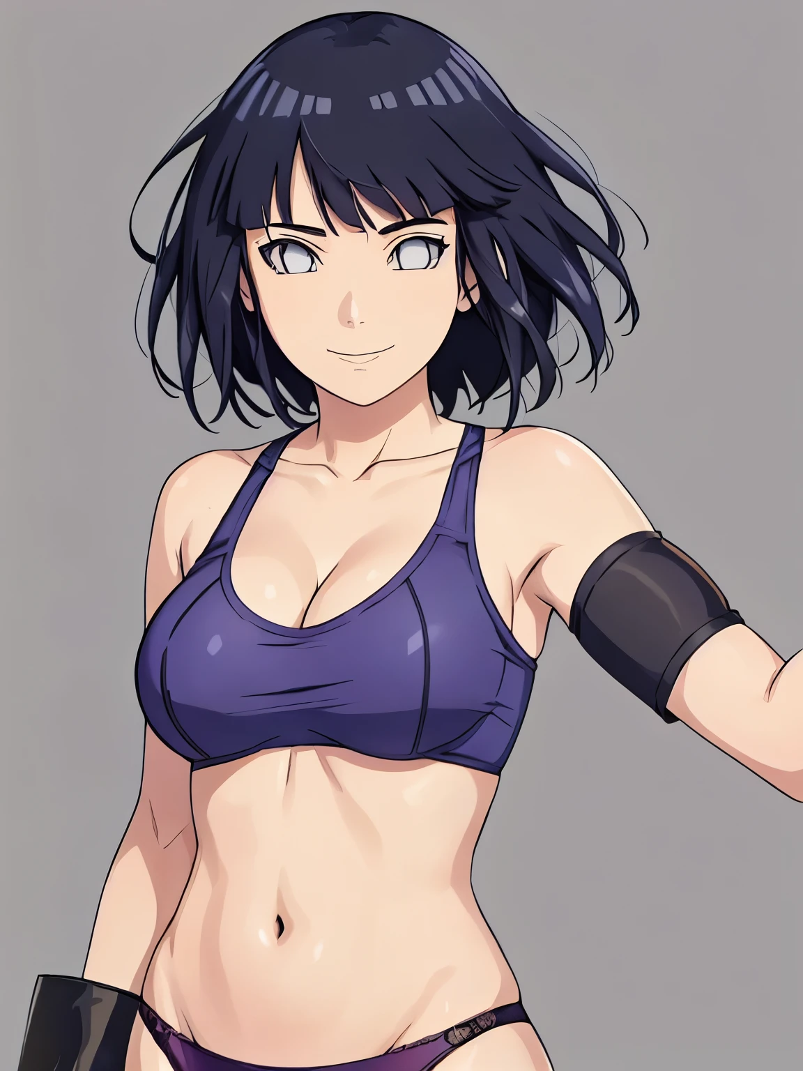 (hinata\(boruto\), (high quality, anime, cowboy shot), ((wrestling gear: red plain bra for wrestling, black tight armband, black thong for wrestling)), ((slender woman, off-shoulders, (long belly), thick arms, super detailed body, smile)), ((stretching, one arm up)), (medium-big breasts, cleavage), closed mouth), tan skin, ((floating hair, dark blue, short hair, hime cut، loose hair), (background: simple white background only), (background: simple white background only, windy), (background: simple white background only)