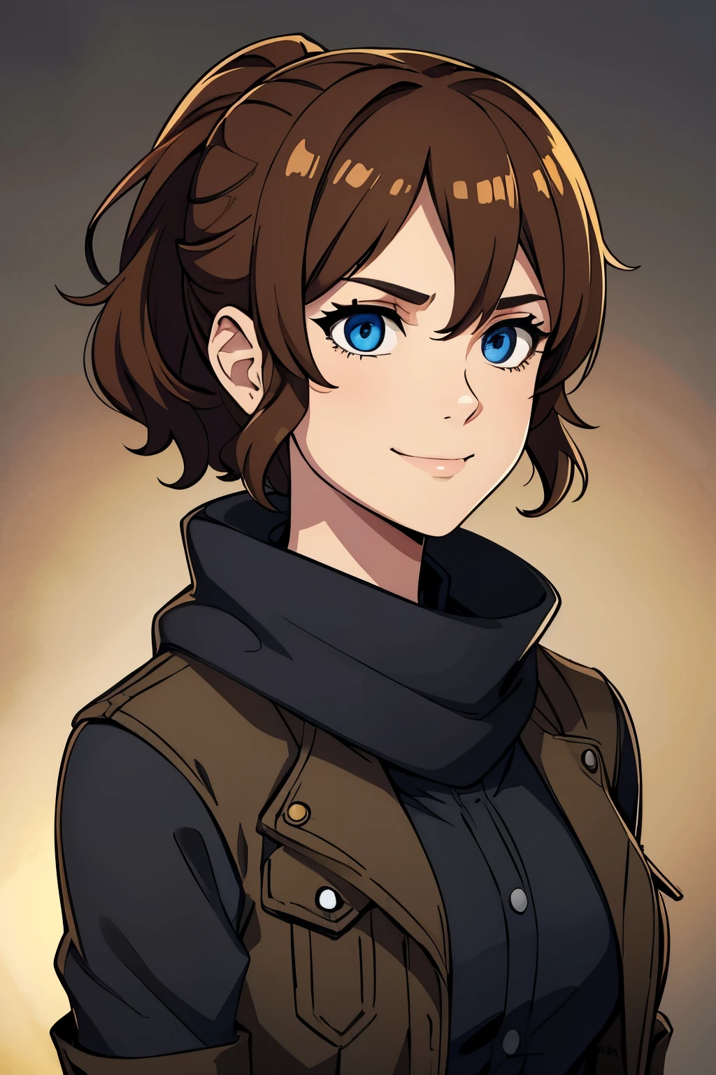 (high-quality, breathtaking),(expressive eyes, perfect face) 1girl, female, solo, portrait, young adult, Symmetrical Eyes, brown hair color, short hair length, wavy curly hair, upper body, blue eyes, positive expression, cute smile, detailed eyes, black jacket, black blue shirt, gloves, fallout, scarf, dirty clothes, barren background, post apocalyptic, wastelander, ponytail, hair between eyes, open jacket
