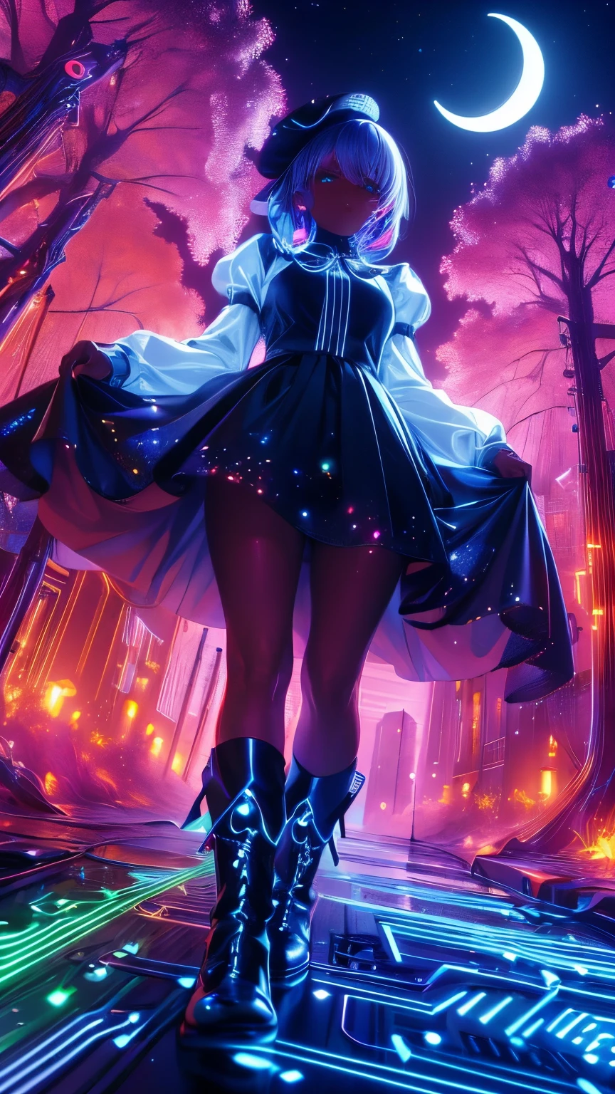 (Neon lights),circuit boards, skin girl, colorful clothes, long-sleeves puffy shirt, tulle skirt, white boots, city at night, moonlight, starry sky, giant moon, darkness, view from below, (UHD, masterpiece, ccurate, anatomically correct, textured skin, super detail, high details, award winning, best quality, 8k)