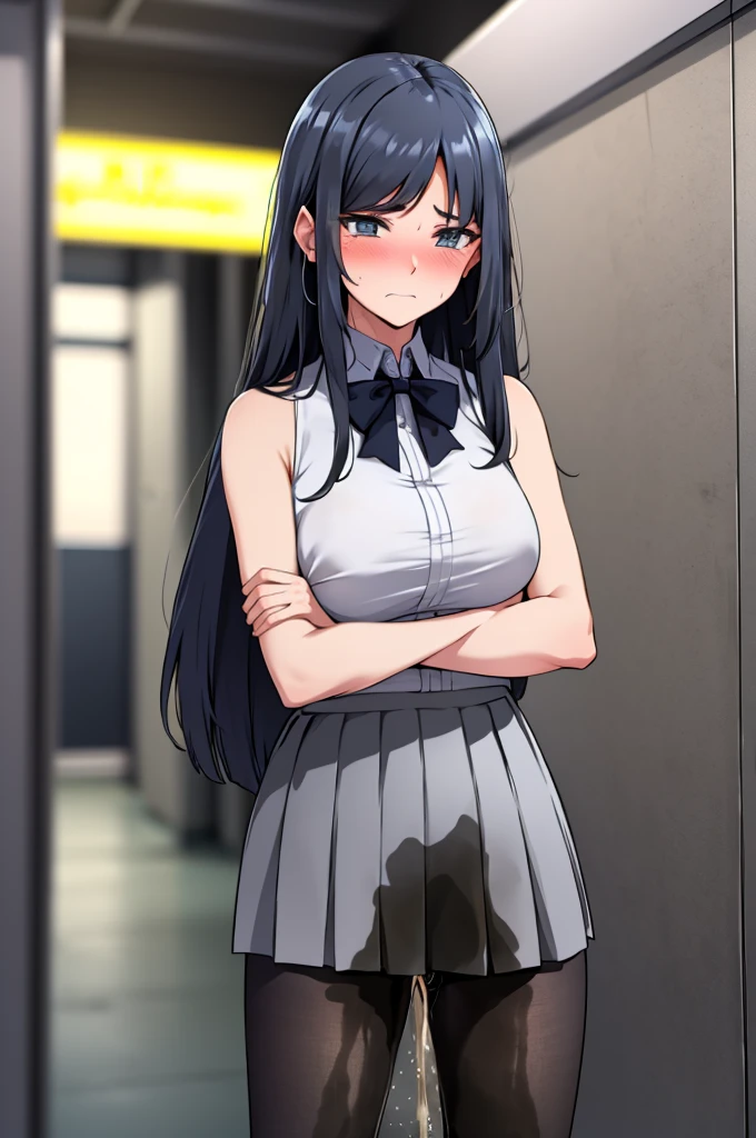 A woman with very long black hair and (very long bangs:1.5), wearing a and skirt with pantyhose, standing. The artwork is inspired by manga and incorporates a doujin style. The woman appears to be (wetting herself:1.5), which causes her to feel embarrassed and humiliated, resulting in a blush on her face. In addition, there is an air of anger in her expression. The lighting in the scene is moody, with a spotlight highlighting the woman's figure. She is crossing her arms, (arms crossed:1.5), fully showcasing her skirt., large breasts