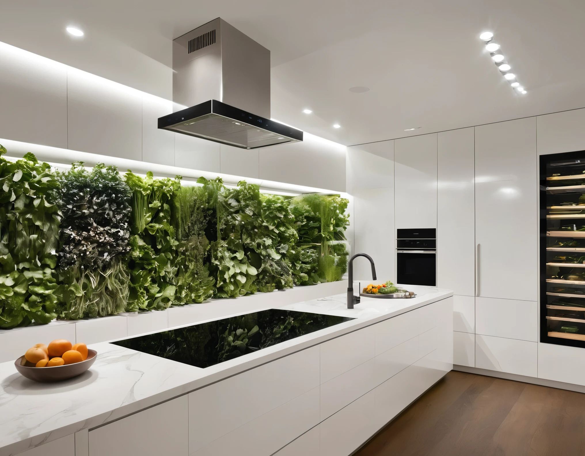 A high-tech kitchen with AI-guided cooking assistance, smart appliances, and integrated meal planning systems. Create an efficient and functional space with intuitive storage solutions, responsive countertops, and voice-activated controls. Use sleek finishes, modern design elements, and integrated herb gardens to enhance the futuristic cooking experience.