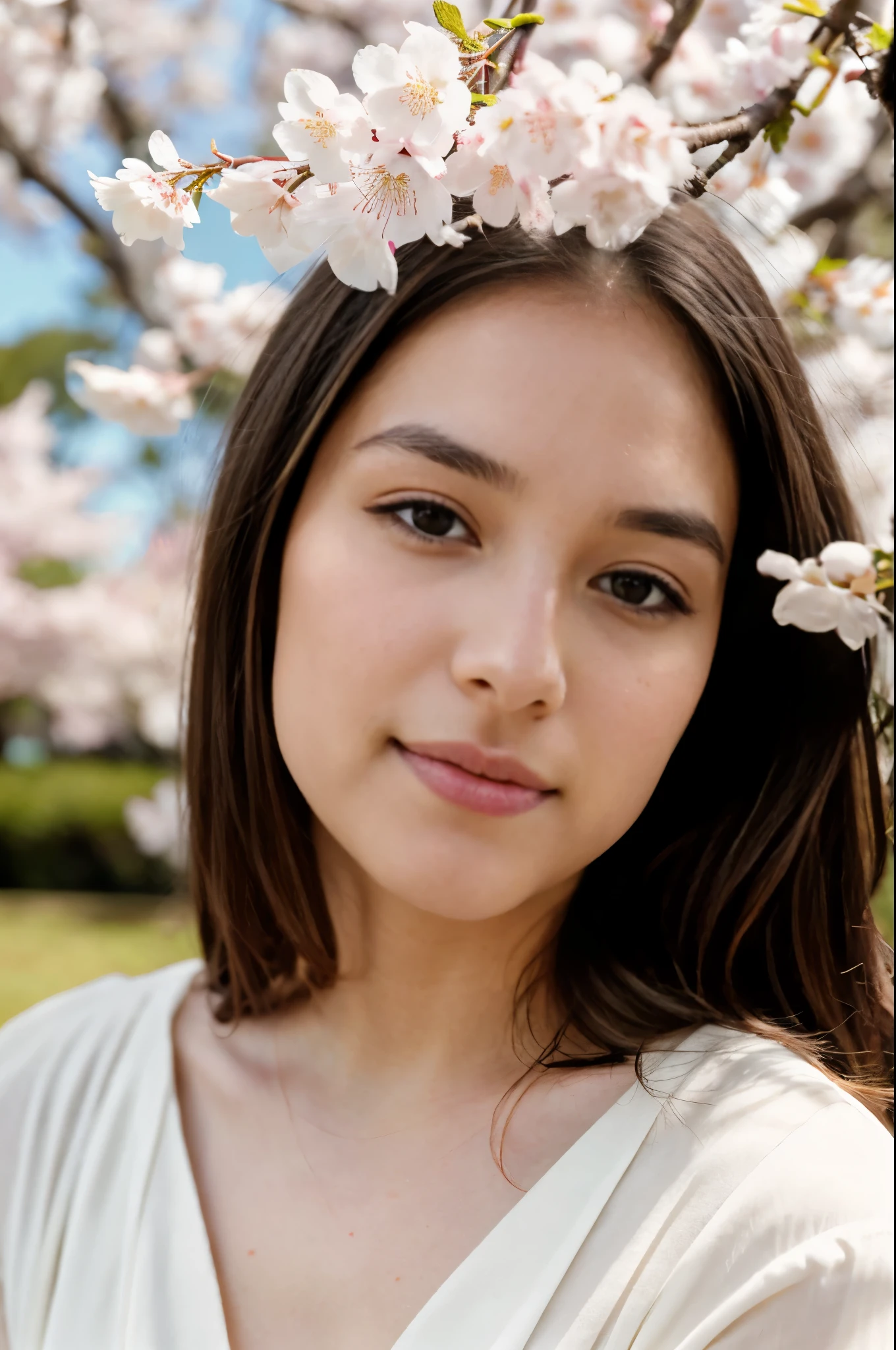 In the image, a 26-year-old model exudes serene beauty as she delicately embraces a sakura tree in full bloom. Her soft, straight brown hair frames a symmetrical face and gray eyes that meet the camera with a slight flirtatious smile. The soft light of the evening highlights her light brown skin, creating an aura of tranquility and grace.

Dressed in a light, airy dress that flutters gently in the spring breeze, the model displays a natural elegance as she merges with the ephemeral beauty of the cherry blossoms. Her graceful posture and serene expression bring the image to life, capturing the essence of sakura season and connection to nature.

The ultra-realistic quality of the image, captured in 8K HD, highlights every detail of the environment and the model, creating a scene that seems straight out of a dream. The combination of the grace of the model and the delicacy of nature creates a fascinating and captivating image. The model projects a magnetic presence that is sure to resonate with those who appreciate the beauty of spring and connection to the natural world.