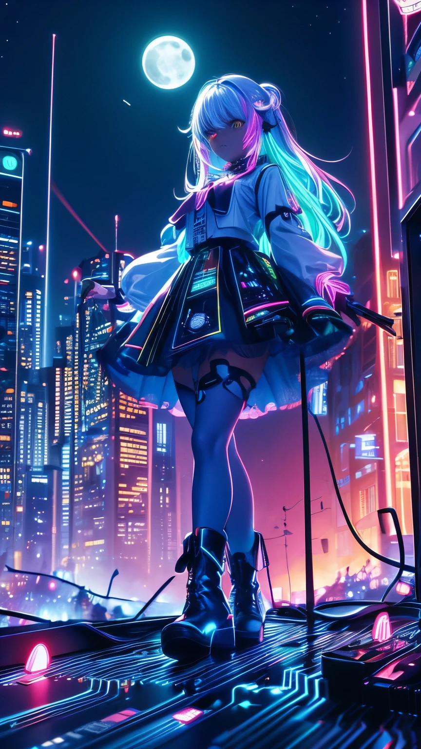 (Neon lights)，circuit boards, skin girl, colorful clothes, long-sleeves puffy shirt, tulle skirt, white boots, city at night, moonlight, starry sky, giant moon, darkness, view from below, (UHD, masterpiece, ccurate, anatomically correct, textured skin, super detail, high details, award winning, best quality, 8k)