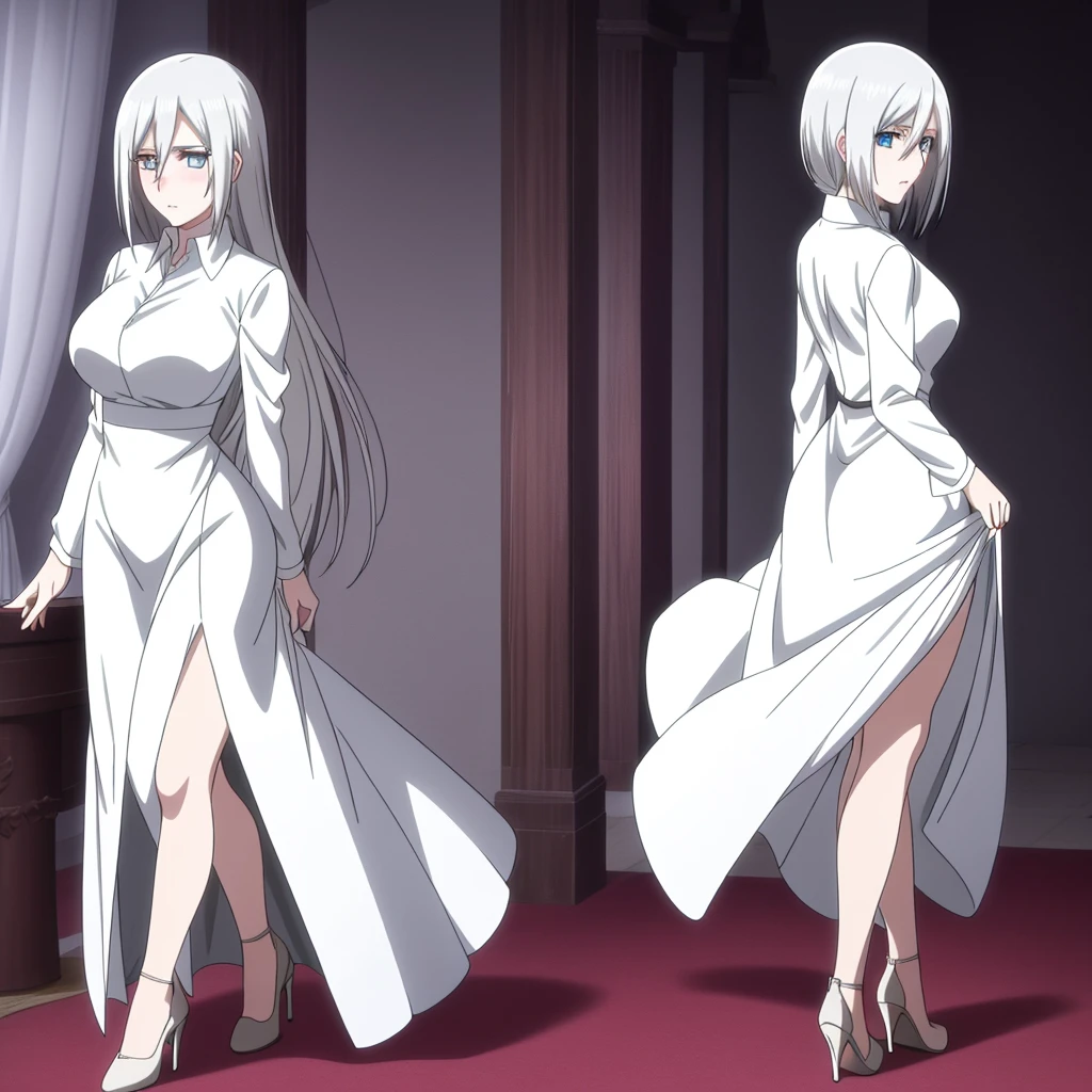 Mikasa Ackerman, adorned with high heels, amidst a dimly lit indoor setting. Her snow-white hair cascades down her back, framing her intense, piercing blue eyes that seem to gaze directly at the viewer. The contrast of her dark, sleek hair against her flawless, ivory complexion is further accentuated by the rosy blush that graces her cheeks. Her outfit consists of a stylish, form-fitting dress that emphasizes her perfect figure, complete with the characteristic asymmetrical neckline of her signature attire. The dress' hem, grazing just above her knees, reveals a pair of polished, black high heels that add an alluring edge