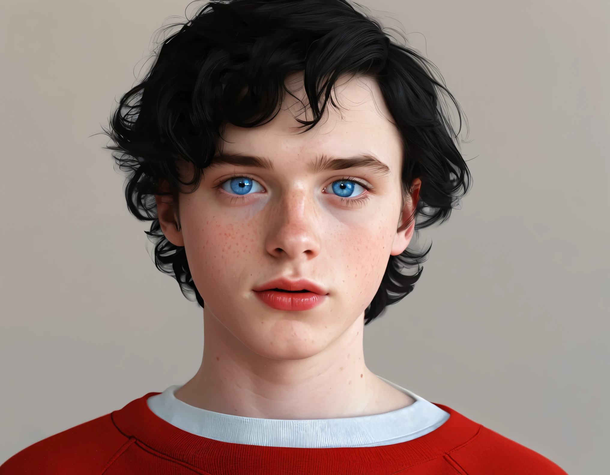 charlie spring beautiful boy with blue eyes cute innocent angelic freckles red lips and cheeks wavy black hair and red sweatshirt in the room realistic 8K resolution tumblr style ultra realistic detailed