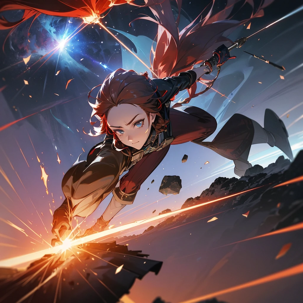 One woman, (magical female warrior), braided hairstyle (red hair: 1.5), break, light armor, wearing a sword, harness, leggings, deep picture, over quality, high quality, sword with particle effects Please make it shine blue, dignified, dignified, ultimately beautiful face, meteorite falling in the background, castle destroyed by a meteorite, (round castle in the background), (Dynamic: 2)
