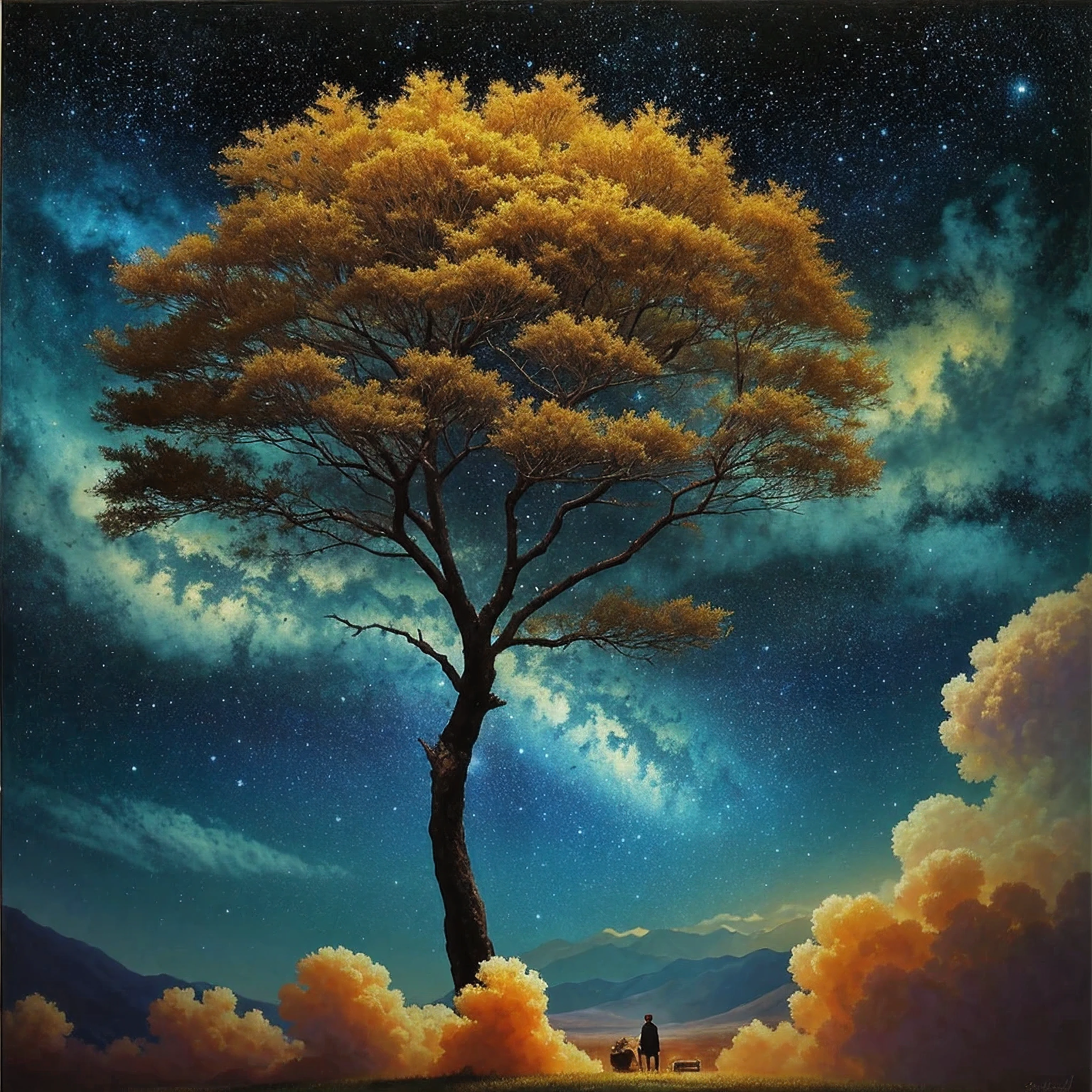 Description of the work:
Imagine uma paisagem celestial onde os elementos da natureza se fundem em perfeita harmonia. in the center of the composition, There is a majestic tree with golden leaves that shine like stars. The tree's branches stretch gracefully to the sky, onde a lua e as estrelas cintilam em tons de azul e prata.
Cores e Texturas:
A paleta de cores inclui tons suaves de azul, dourado e prateado, creating an ethereal and heavenly atmosphere. Textures are subtle and fluid, com pinceladas delicadas que sugerem movimento e energia.
Elementos da Natureza:
Beyond the central tree, the landscape is adorned with elements of nature, como flores brilhantes, riachos cristalinos e montanhas imponentes ao fundo. Each element is represented with precise detail and a sense of serenity and tranquility.
emotional expressions:
The work conveys a feeling of peace and serenity, convidando o espectador a contemplar a beleza da natureza e se conectar com o divino. the expressions of the characters (se houver) reflect a sense of wonder and reverence at the grandeur of the universe.
Technique and Style:
The work is created using a traditional painting technique, using layers of oil paint on canvas to create depth and texture. The style is influenced by impressionism and symbolism, combining realistic elements with a poetic and metaphorical approach.
Significado e Mensagem:
"Harmonia Celestial" represents the spiritual connection between man and nature, lembrando-nos da beleza e da grandiosidade do universo. The work invites the viewer to reflect on their own relationship with the divine and find peace and inspiration in the beauty of creation..