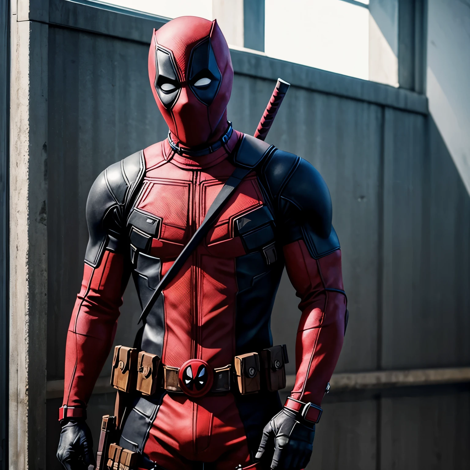 Deadpool musculoso com traje apertado e seu pacote marcado na sua virilha 