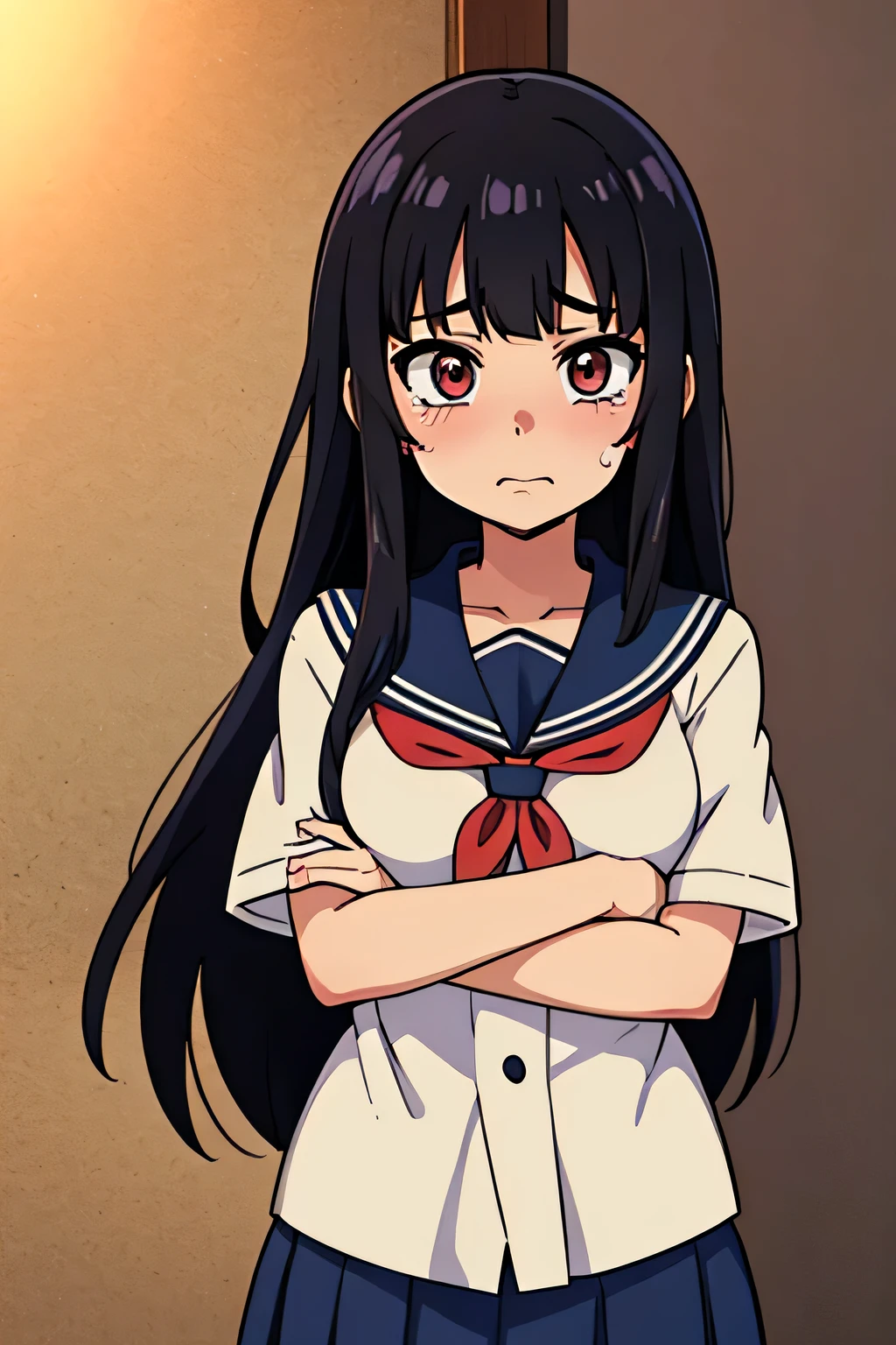 anime school girl crying , long dark black hair