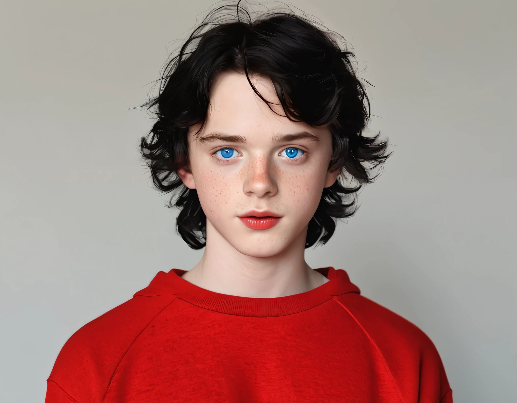 charlie spring beautiful boy with blue eyes cute innocent angelic freckles red lips and cheeks wavy black hair and red sweatshirt in the room realistic 8K resolution tumblr style ultra realistic detailed