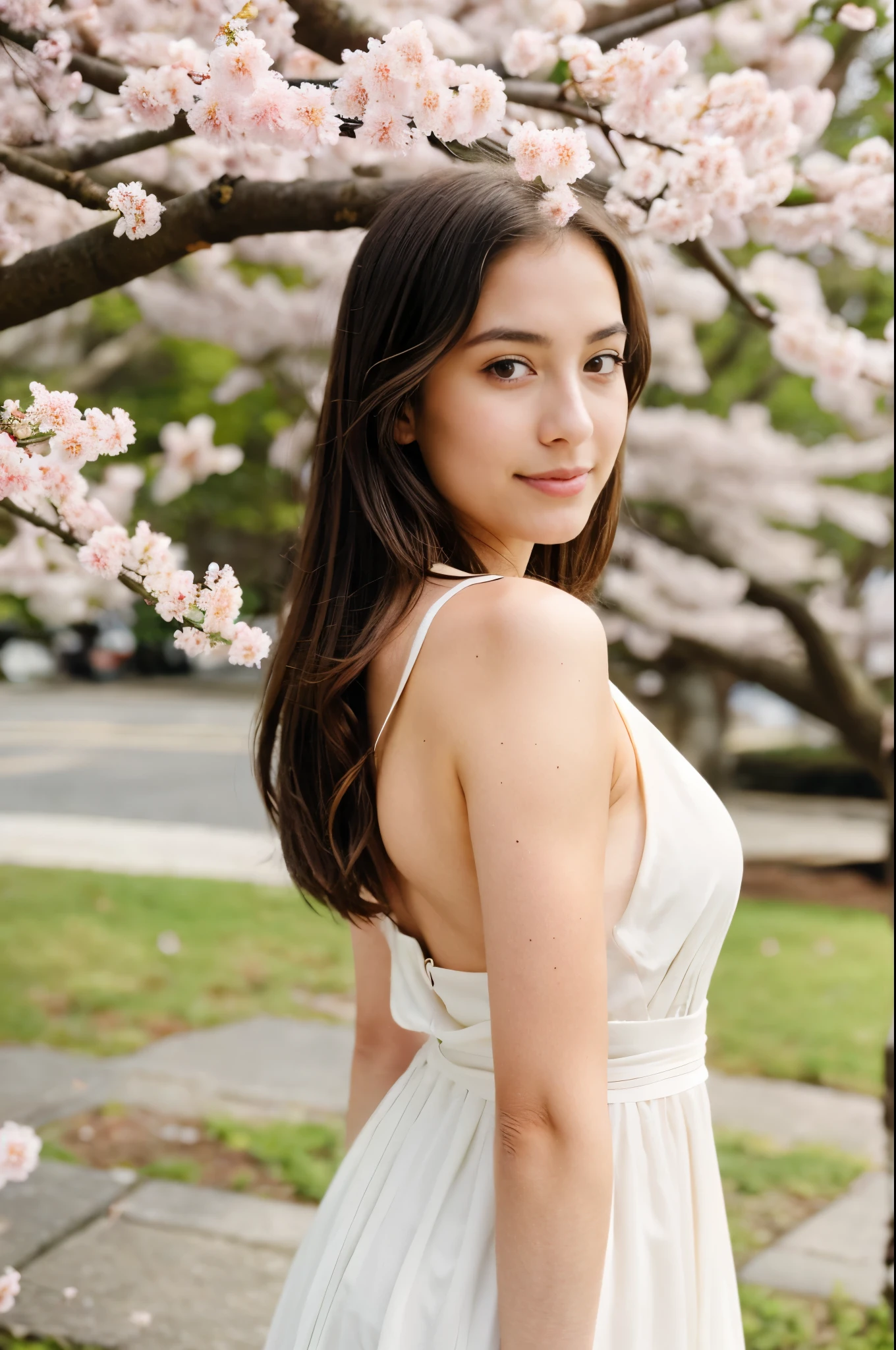 In the image, a 26-year-old model exudes serene beauty as she delicately embraces a sakura tree in full bloom. Her soft, straight brown hair frames a symmetrical face and gray eyes that meet the camera with a slight flirtatious smile. The soft light of the evening highlights her light brown skin, creating an aura of tranquility and grace. Dressed in a light, airy dress that flutters gently in the spring breeze, the model displays a natural elegance as she merges with the ephemeral beauty of the cherry blossoms. Her graceful posture and serene expression bring the image to life, capturing the essence of sakura season and connection to nature. The ultra-realistic quality of the image, captured in 8K HD, highlights every detail of the environment and the model, creating a scene that seems straight out of a dream. The combination of the grace of the model and the delicacy of nature creates a fascinating and captivating image. The model projects a magnetic presence that is sure to resonate with those who appreciate the beauty of spring and connection to the natural world.