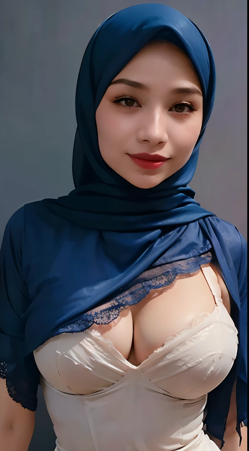 A woman with blue hijab, Realistic, Photorealistic, 8K, Masterpiece, Best Quality, High Definition, Live Action, RAW Photo, Single Woman, Beautiful Body, Cleavage, Sexy, blue night dress, lace, slim waist