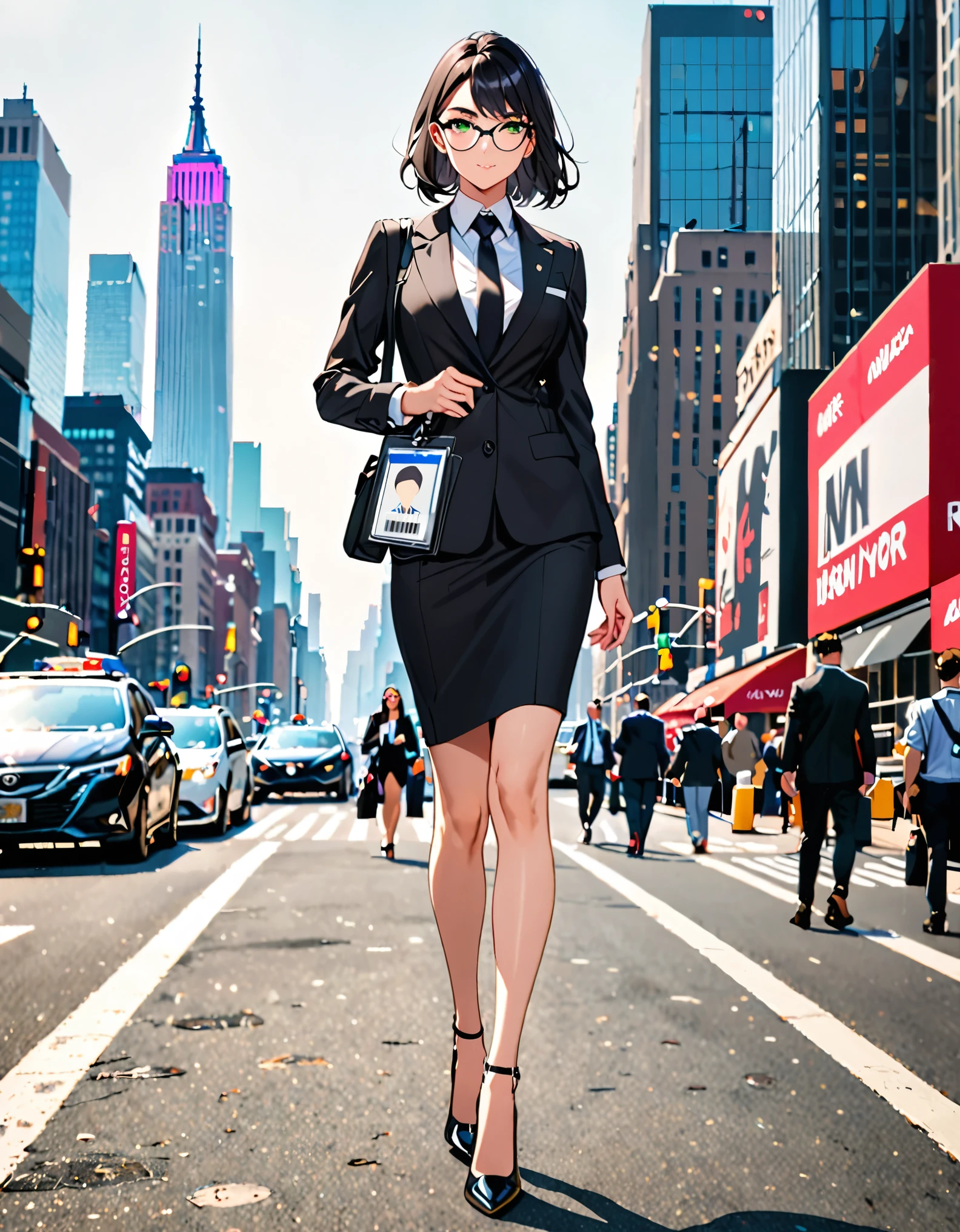 (masterpiece), (best quality), (high res), 1lady, tall body, beautiful detailed eyes, beautiful detailed face, glasses, confident look, perfect hands, complete fingers, perfect anatomy, perfect proportions, ((jet black hair, medium hair)), ((green eyes)), ((black suit and tie, reporter's id card)), (white shirt), ((bare legs)), ((shoes, matching shoes, high heels)), breasts, medium breasts, (full body portrait), looking at viewer, walking, casual, solo, solo focus, cowboy shot, new york backdrop, full body costume design.