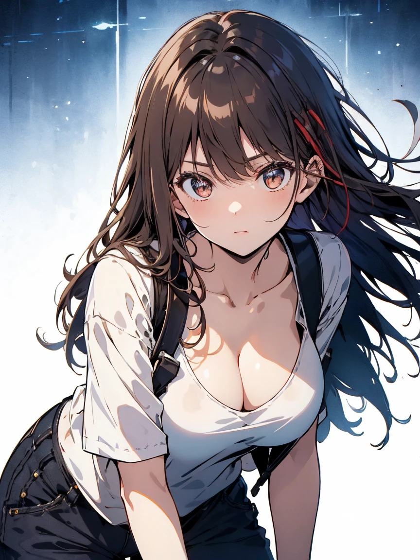 delicate colors, bright colors, beautiful, downblouse, loose t-shirt, leaning forward, brown hair, long hair, leaning forward, loose t-shirt, downblouse, Cleavage, long hair, illustration, cowboy shot, anime, UHD, masterpiece, high quality, UHD, masterpiece, ccurate