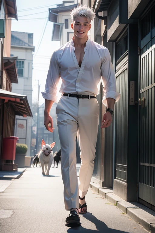  Full full body photorealistic ultra realism high definition aesthetic stabilized diffusion picture of handsome  fractal clean shaven white haired Jujutsu Kaisen Gojo Satoru . walking the white dog smiling 