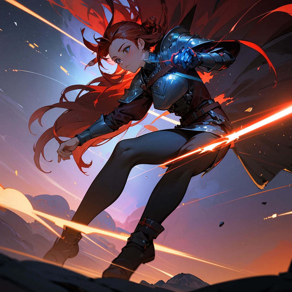 One woman, (magical female warrior), braided hairstyle (red hair: 1.5), break, light armor, wearing a sword, harness, leggings, deep picture, over quality, high quality, sword with particle effects Please make it shine blue, dignified, dignified, ultimately beautiful face, meteorite falling in the background, castle destroyed by a meteorite, (round castle in the background), (Dynamic: 1.8)