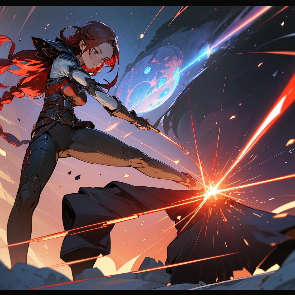 One woman, (magical female warrior), braided hairstyle (red hair: 1.5), break, light armor, wearing a sword, harness, leggings, deep picture, over quality, high quality, sword with particle effects Please make it shine blue, dignified, dignified, ultimately beautiful face, meteorite falling in the background, castle destroyed by a meteorite, (round castle in the background), (Dynamic: 1.8)