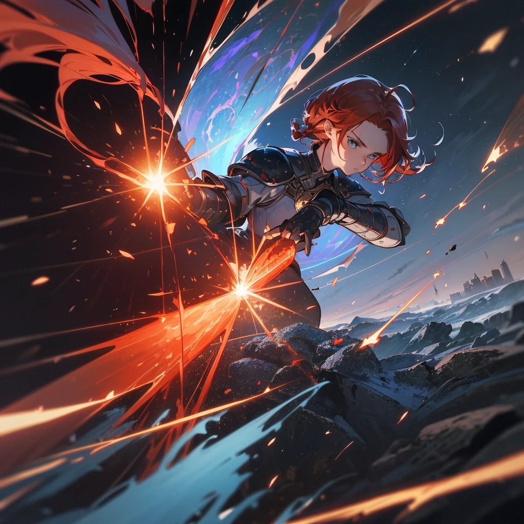 One woman, (magical female warrior), braided hairstyle (red hair: 1.5), break, light armor, wearing a sword, harness, leggings, deep picture, over quality, high quality, sword with particle effects Please make it shine blue, dignified, dignified, ultimately beautiful face, meteorite falling in the background, castle destroyed by a meteorite, (round castle in the background), (Dynamic: 1.8)