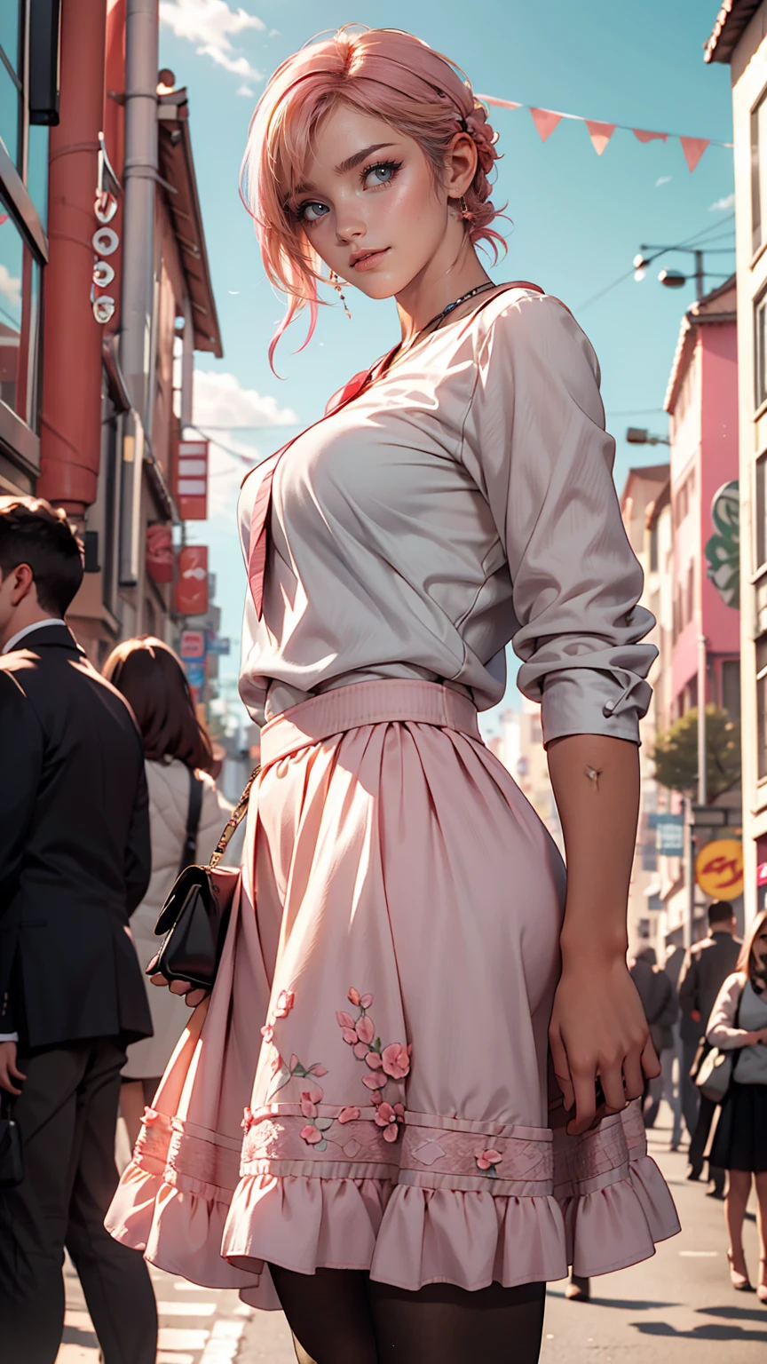 masterpiece, highest quality, High resolution, Absurd, One girl, crowd, skirt, Pink Hair, gasai yuno, From below, Revealing clothing, Skin dents, Outdoor, sunlight, street, View your viewers, blush,