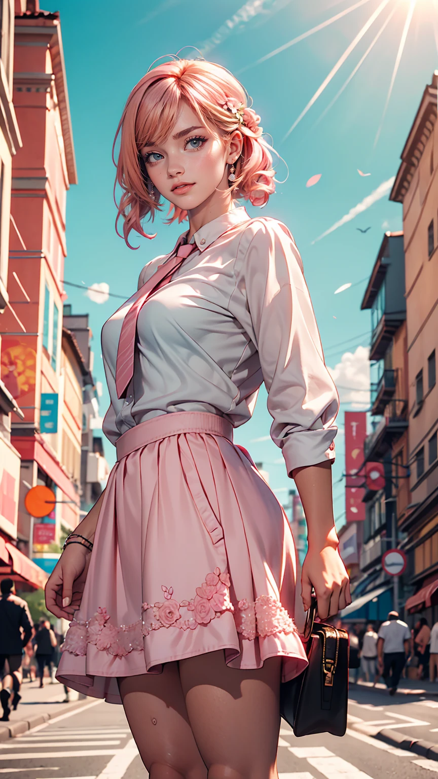 masterpiece, highest quality, High resolution, Absurd, One girl, crowd, skirt, Pink Hair, gasai yuno, From below, Revealing clothing, Skin dents, Outdoor, sunlight, street, View your viewers, blush,
