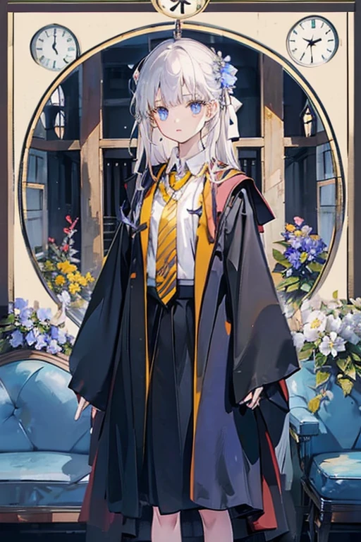 toddler girl, Blue eyes, big eyes,droopy eyes, With blue flower corsage ,Slender body, face focus, White long hair, hogwarts school , Roma, toga fashion, yellow border necktie,yellow robe, under the clock tower, (black skirt), hands on own hips