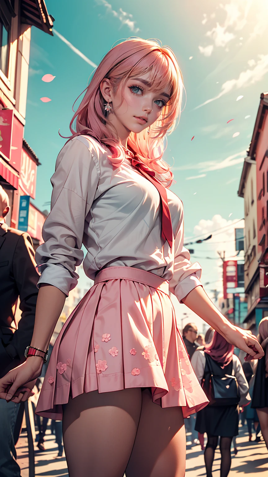masterpiece, highest quality, High resolution, Absurd, One girl, crowd, skirt, Pink Hair, gasai yuno, From below, Revealing clothing, Skin dents, Outdoor, sunlight, street, View your viewers, blush,