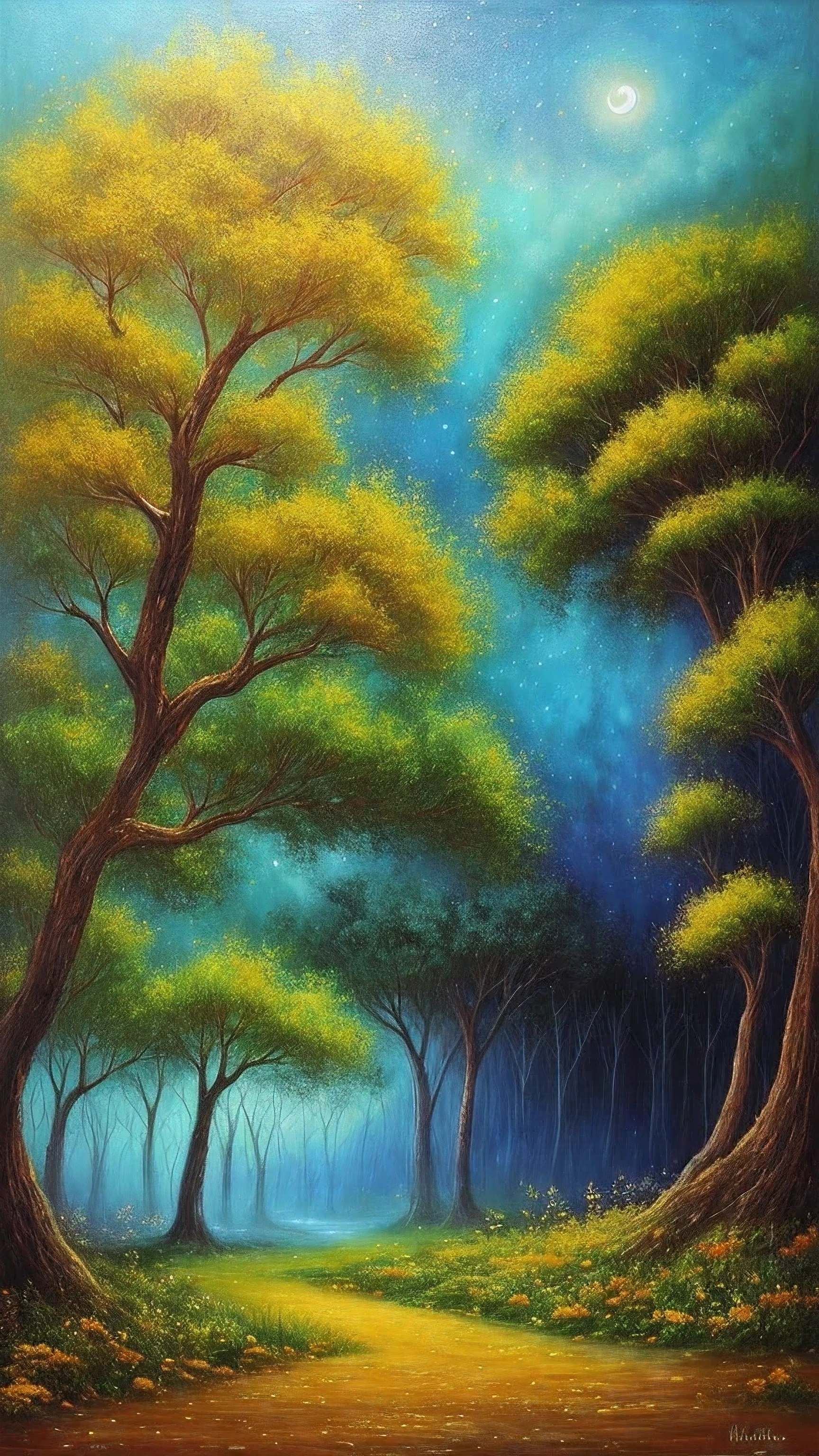 Description of the work:
Imagine uma paisagem celestial onde os elementos da natureza se fundem em perfeita harmonia. in the center of the composition, There is a majestic tree with golden leaves that shine like stars. The tree's branches stretch gracefully to the sky, onde a lua e as estrelas cintilam em tons de azul e prata.
Cores e Texturas:
A paleta de cores inclui tons suaves de azul, dourado e prateado, creating an ethereal and heavenly atmosphere. Textures are subtle and fluid, com pinceladas delicadas que sugerem movimento e energia.
Elementos da Natureza:
Beyond the central tree, the landscape is adorned with elements of nature, como flores brilhantes, riachos cristalinos e montanhas imponentes ao fundo. Each element is represented with precise detail and a sense of serenity and tranquility.
emotional expressions:
The work conveys a feeling of peace and serenity, convidando o espectador a contemplar a beleza da natureza e se conectar com o divino. the expressions of the characters (se houver) reflect a sense of wonder and reverence at the grandeur of the universe.
Technique and Style:
The work is created using a traditional painting technique, using layers of oil paint on canvas to create depth and texture. The style is influenced by impressionism and symbolism, combining realistic elements with a poetic and metaphorical approach.
Significado e Mensagem:
"Harmonia Celestial" represents the spiritual connection between man and nature, lembrando-nos da beleza e da grandiosidade do universo. The work invites the viewer to reflect on their own relationship with the divine and find peace and inspiration in the beauty of creation..