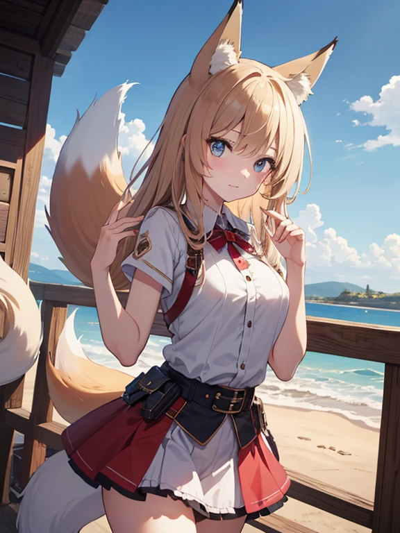 masterpiece, highest quality, Very detailed, 16k, Ultra-high resolution, Cowboy Shot, One -yeld gi Detailed face, Perfect Fingers, Fox Ears, Fox&#39;s Tail, Golden Eyes, Blonde, Long Hair, Red kimono, in the forest, During a walk