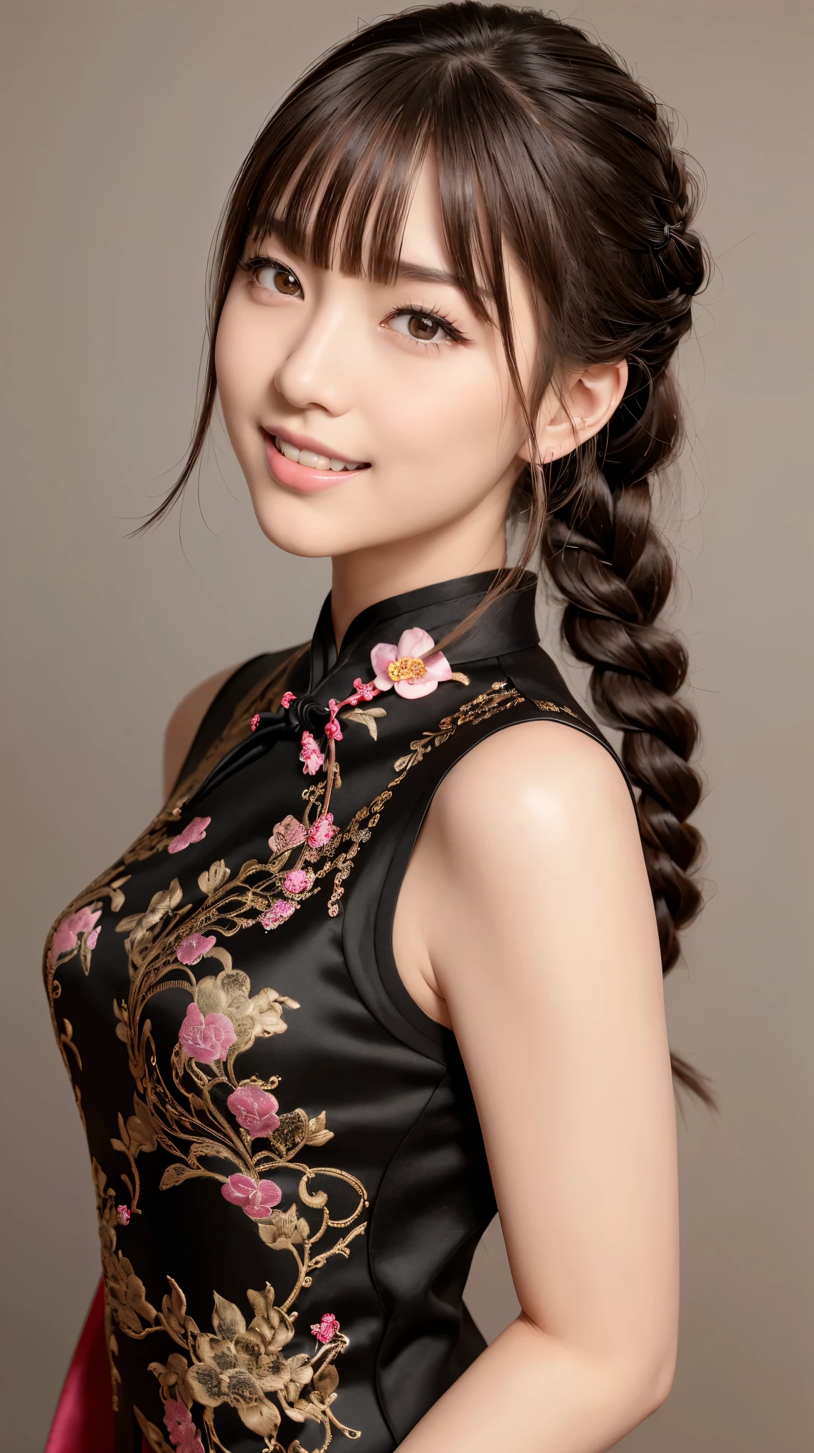 Realistic, masterpiece, highest quality, Highest resolution, One Japanese woman, Happy smile, Detailed and beautiful eyes, Iris, Sparkling eyes, Thin eyebrows, Gives your eyelashes a delicate finish, False eyelashes, Natural Makeup, (Braided Hair, Blunt bangs, Brown Hair:1.2), Detailed face, She looks to the side and into the distance, laughing, Mouth open, cheeks pink, (Classic and sexy black cheongsam, Detailed decoration:1.3), (Fitted clothing:1.3), Upper body photo, Turning around, Portrait background