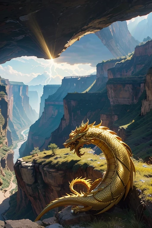 So sublime and divine々A beautiful golden dragon coiled up in the center of the screen, glaring at the camera.。The surrounding area is a canyon where no one can get close, and lightning is flashing in the background.、The sun is shining brightly