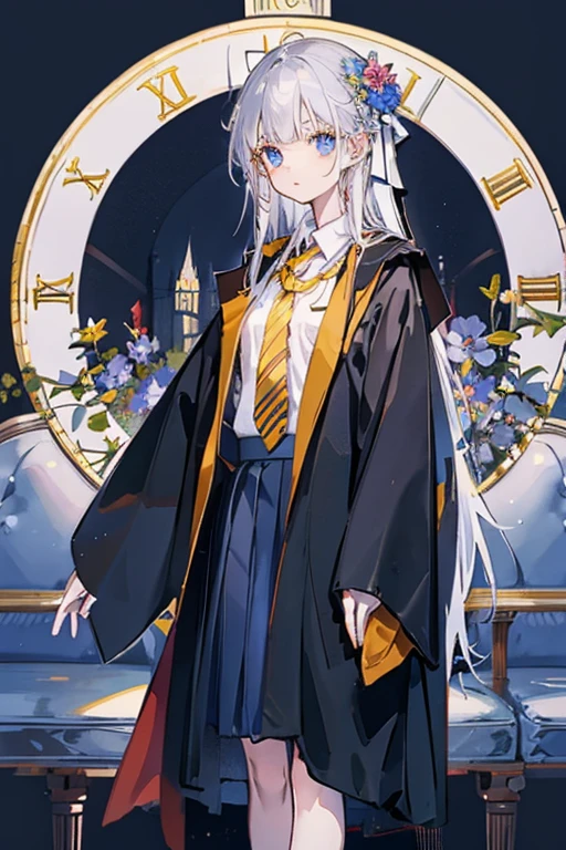 toddler girl, Blue eyes, big eyes,droopy eyes, With blue flower corsage ,Slender body, face focus, White long hair, hogwarts school , Roma, toga fashion, yellow border necktie,yellow robe, under the clock tower, (black skirt), hands on own hips