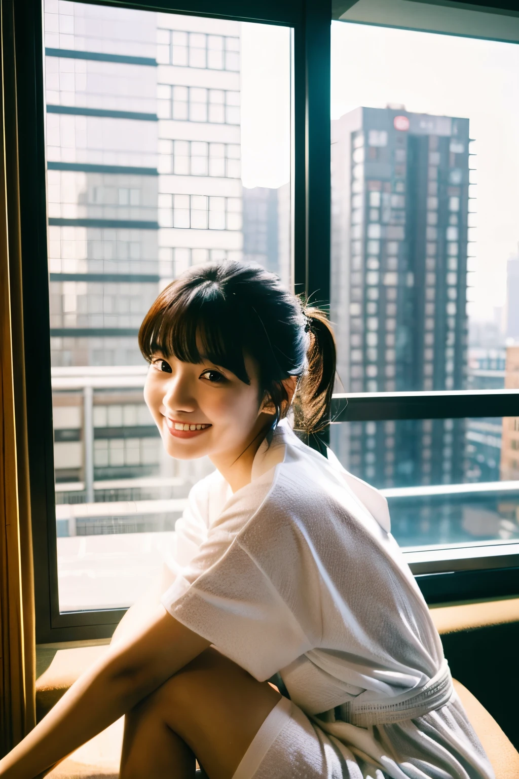 アイドルのようにvery cute、Cute and adorable、Young faceに見える20歳の少女, Young face、very cute、Smiling Kindly、early morning、White bathrobe、I can see your underwear、A window seat on the 10th floor of a big city hotel、City buildings can be seen from the window、whole body像、whole body、 Natural light、Accurate、Anatomically correct、Textured skin、Super Detail、 Attention to detail、highest quality、High resolution、Real、realism、Raw photo、Genuine、masterpiece
