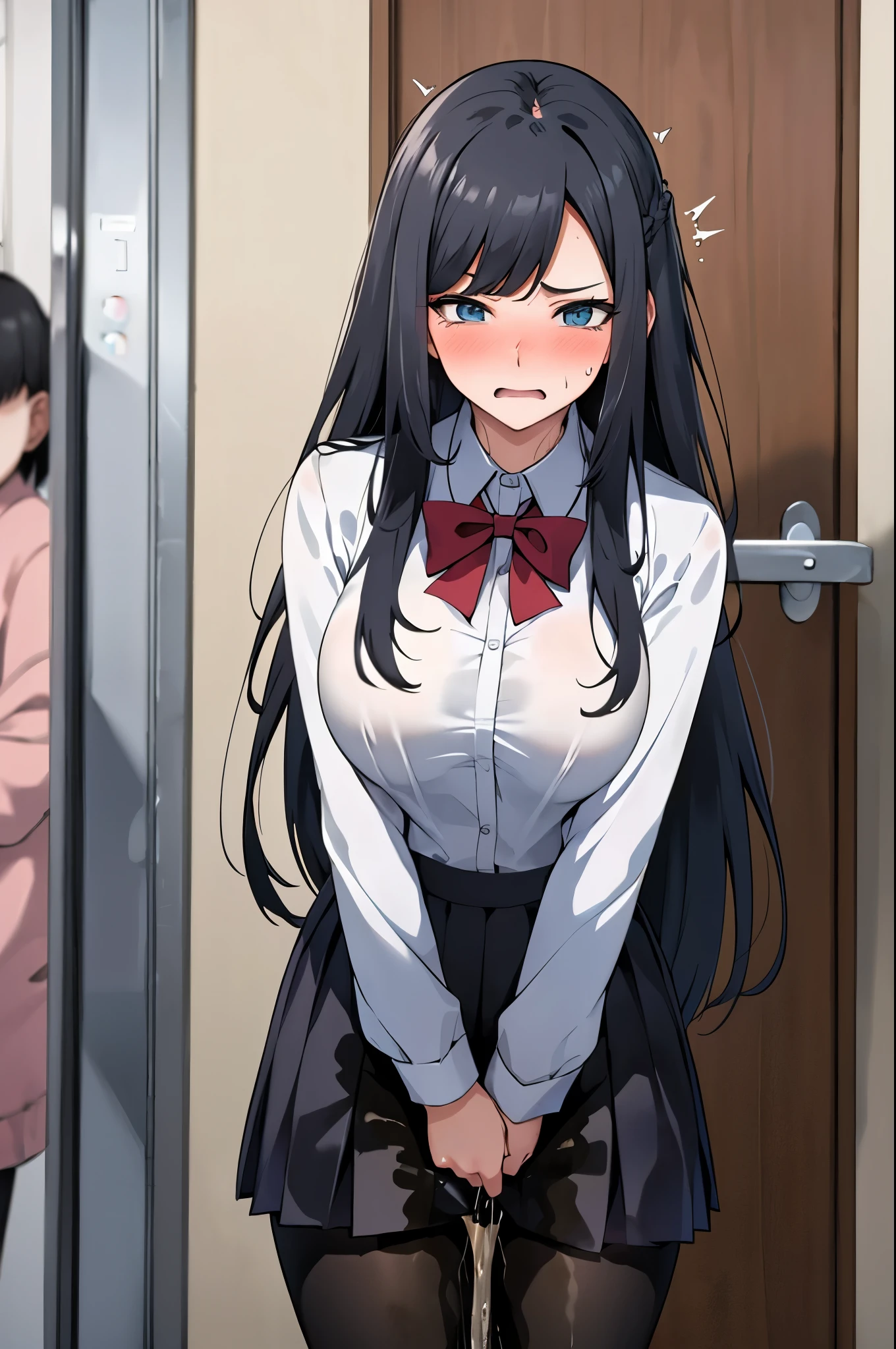 A woman with very long black hair and (very long bangs:1.5), wearing a  and skirt with pantyhose, standing. The artwork is inspired by manga and incorporates a doujin style. The woman appears to be (wetting herself:1.5), which causes her to feel embarrassed and humiliated, resulting in a blush on her face. In addition, there is an air of anger in her expression. The lighting in the scene is moody, with a spotlight highlighting the woman's figure. She is crossing her arms, (arms crossed:1.5), fully showcasing her skirt., large breasts