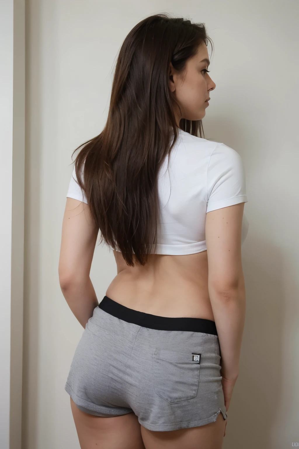 Garota baixinha de cabelo loiro e usando shorts de academia coladinho. Ela tem peitos grandes e bunda gigante. she has her back. She's sticking her ass out. She's picking something up off the floor and sticking her ass up