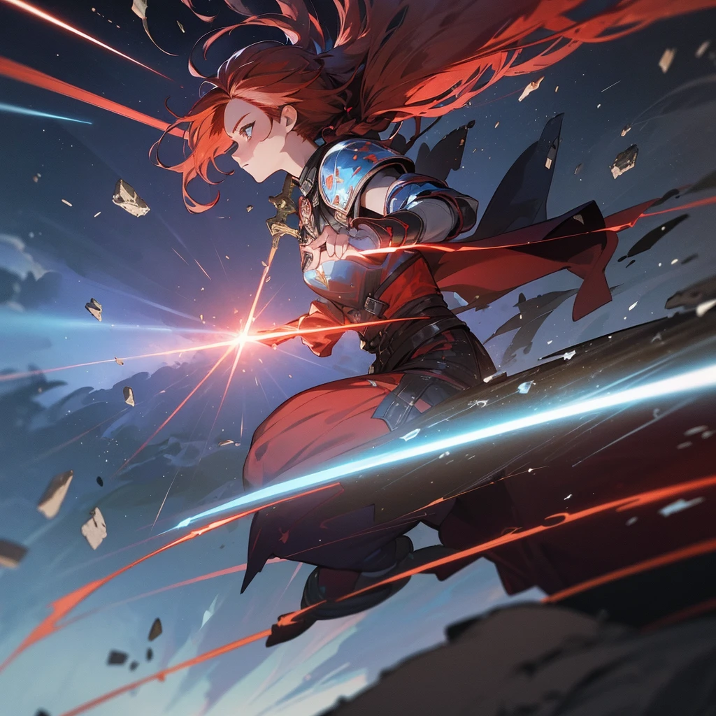 One woman, (magical female warrior), braided hairstyle (red hair: 1.5), break, light armor, wearing a sword, harness, leggings, deep picture, over quality, high quality, sword with particle effects Please make it shine blue, dignified, dignified, ultimately beautiful face, meteorite falling in the background, castle destroyed by a meteorite, (round castle in the background), (Dynamic: 1.8)