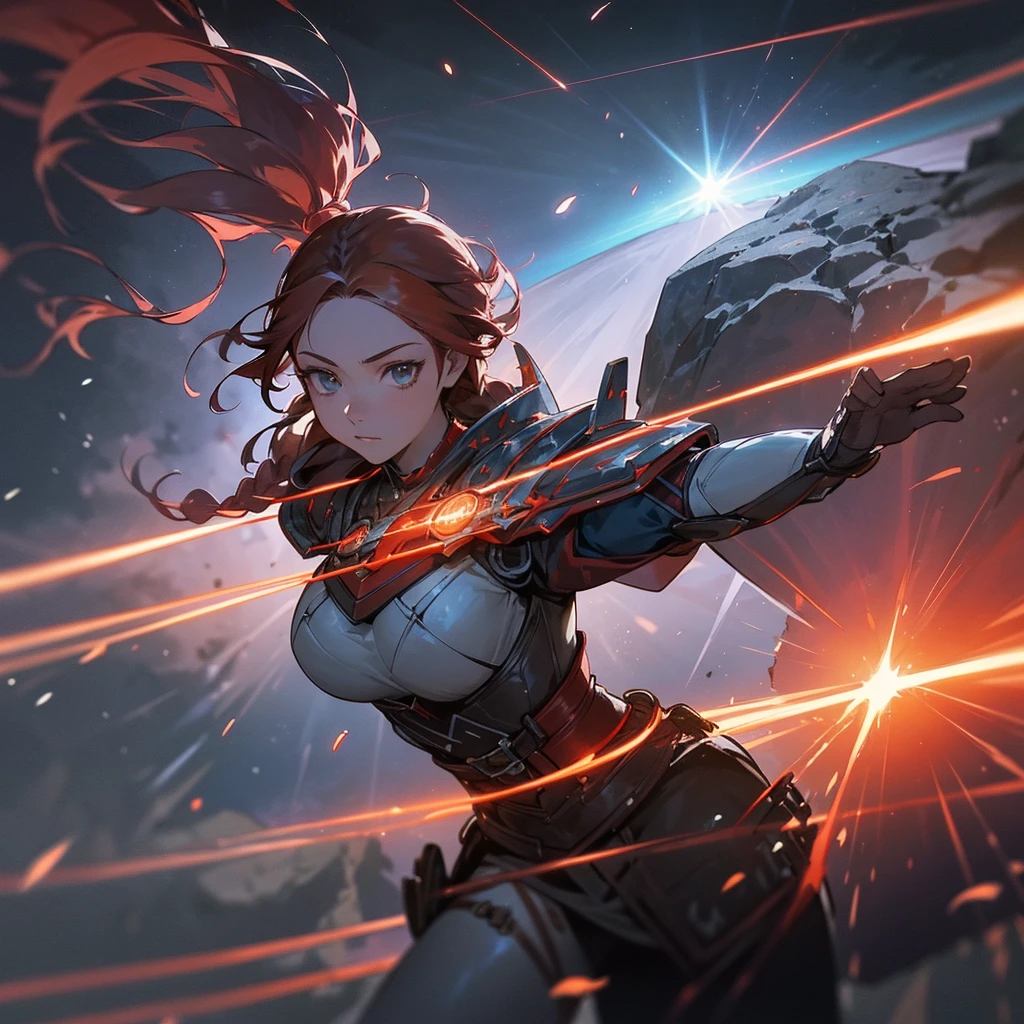 One woman, (magical female warrior), braided hairstyle (red hair: 1.5), break, light armor, wearing a sword, harness, leggings, deep picture, over quality, high quality, sword with particle effects Please make it shine blue, dignified, dignified, ultimately beautiful face, meteorite falling in the background, castle destroyed by a meteorite, (round castle in the background), (Dynamic: 1.8)