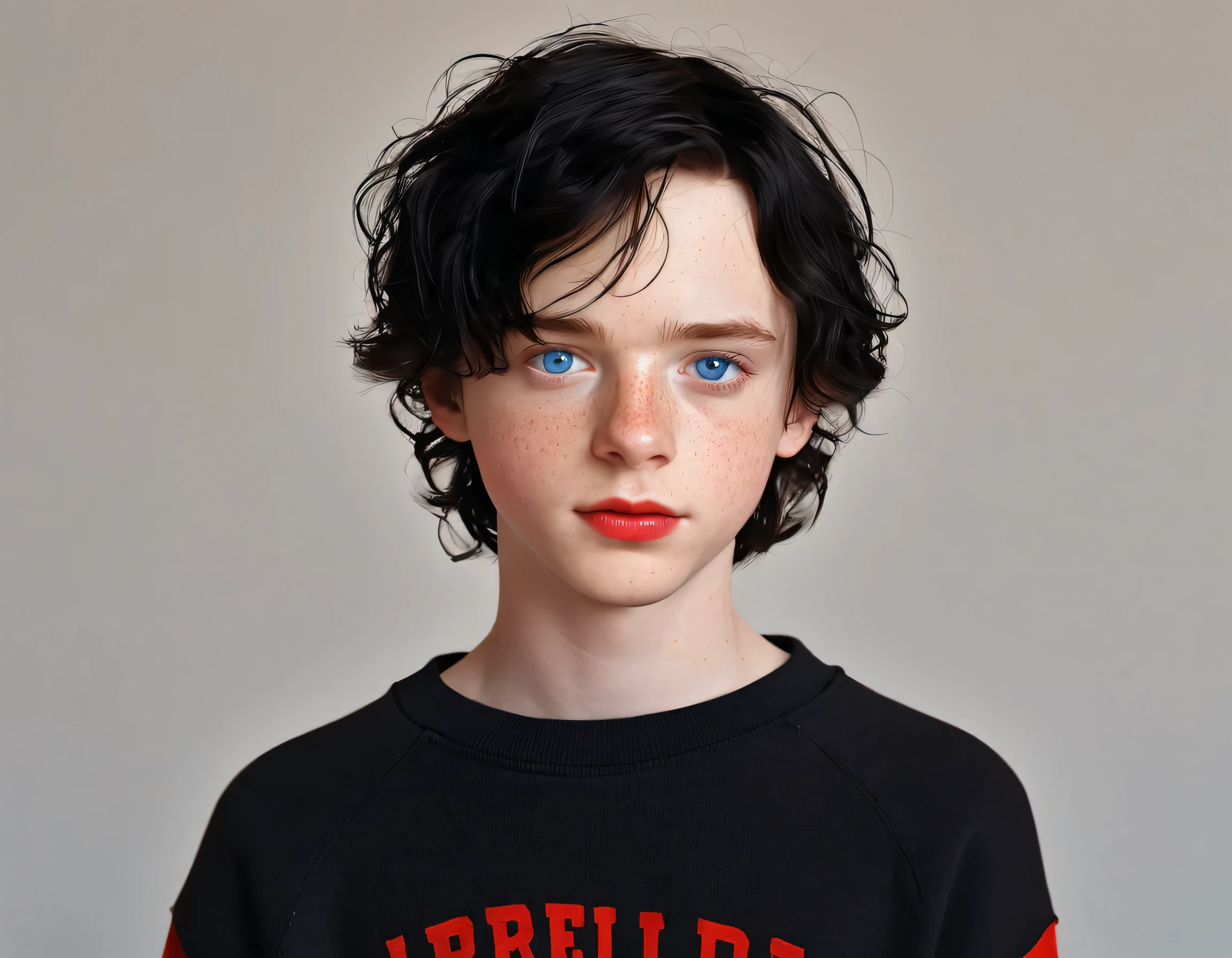 charlie spring beautiful boy with blue eyes cute innocent angelic freckles red lips and cheeks wavy black hair and red sweatshirt in the room realistic 8K resolution tumblr style ultra realistic detailed