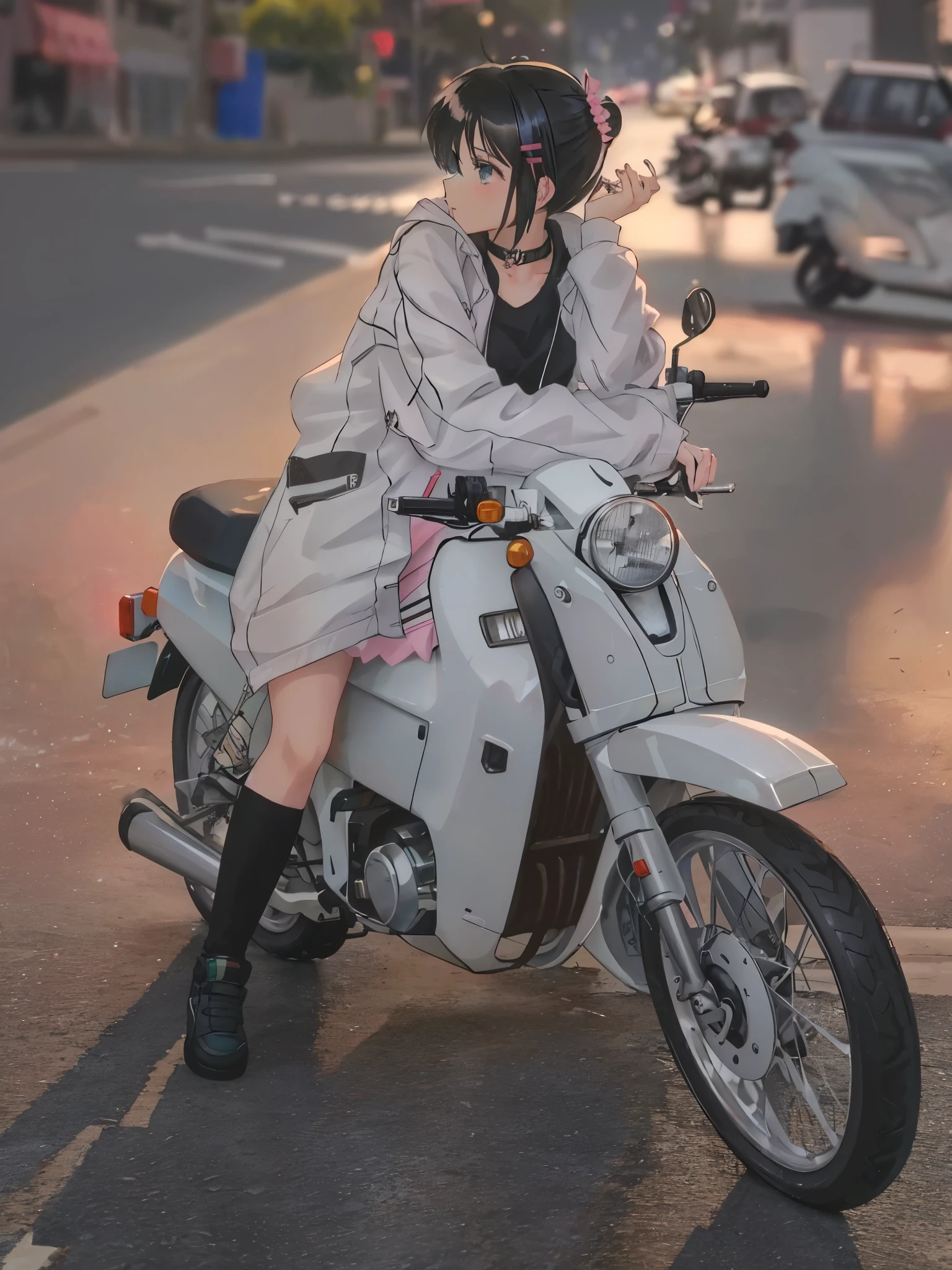there is a woman sitting on a motorcycle on the street, profile picture, cute woman, style anime, casual clothing style, cool style, moped, 🤬 🤮 💕 🎀, white trendy clothes, rena nounen style 3/4, 🚿🗝📝, dang my linh, robotech styling, ulzzang, profile pic, anime set style