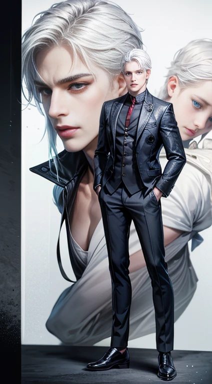 Full Body photorealistic of the handsome Boy, white hair, blue eyes, serious sharp features, white skin, 