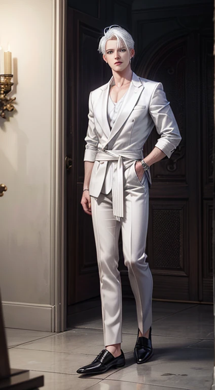Full Body photorealistic of the handsome Boy, white hair, blue eyes, serious sharp features, white skin,