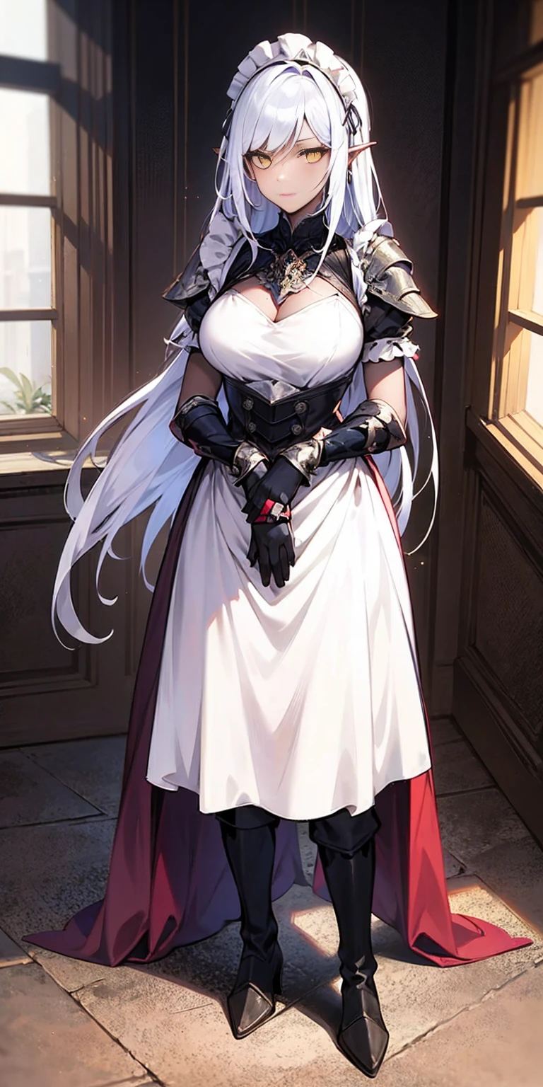 Full body standing straight symmetrical (mature female:1.4) (masterpiece, best quality) (maid, maid headdress, maid apron) indoors, window, best quality, high quality, dark black SKIN. Long messy hair, yellow eyes, full body, def_effie, blue breastplate, looking at viewer, shiny armor, thigh highs, high boots, shoulder armor, faulds, poleyn, red gloves gauntlets