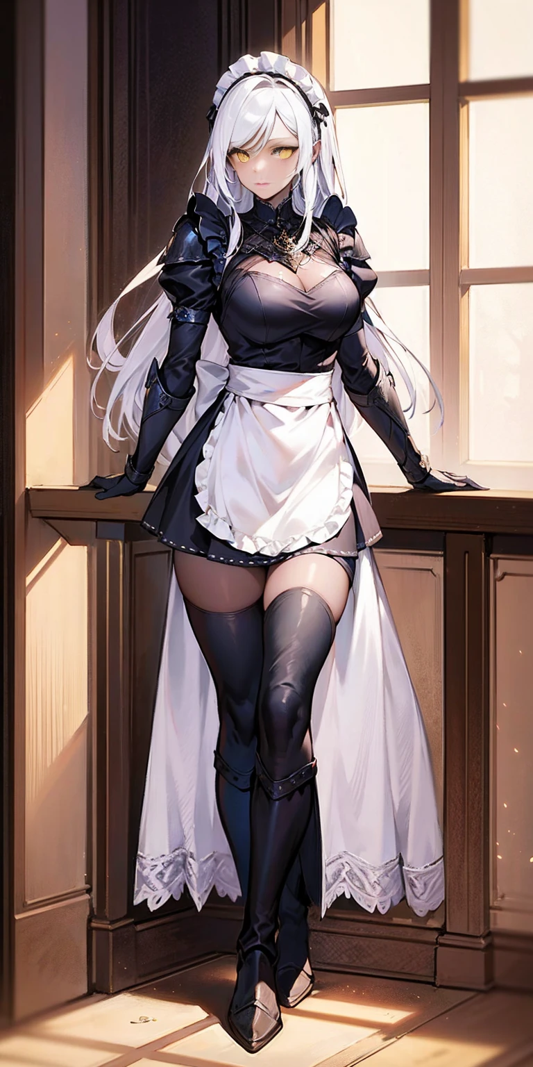 leather collar, Maid outfit victorian, female full body, view from below, wide hips, kneel on the sheet in bed. purple skin, drow elf
