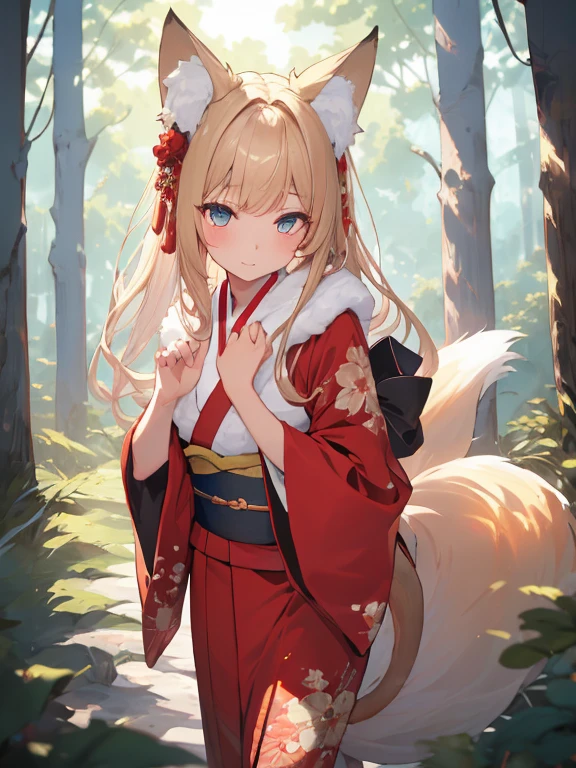 masterpiece, highest quality, Very detailed, 16k, Ultra-high resolution, Cowboy Shot, One -yeld gi Detailed face, Perfect Fingers, Fox Ears, tail, Golden Eyes, Blonde, Long Hair, Red kimono, in the forest, During a walk