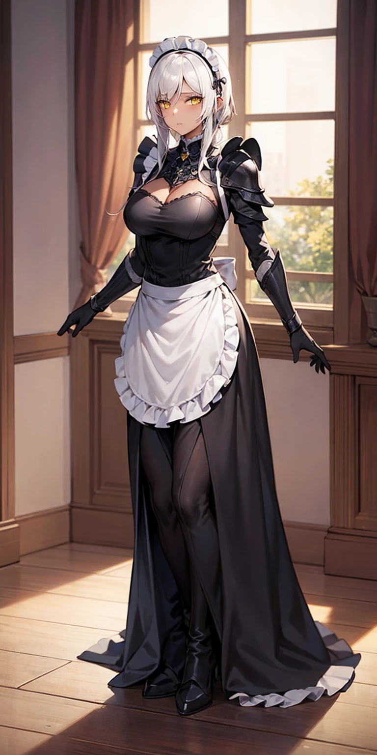 Full body standing straight symmetrical (mature female:1.4) (masterpiece, best quality) (maid, maid headdress, maid apron) indoors, window, best quality, high quality, dark black SKIN. Long messy hair, yellow eyes, full body, def_effie, blue breastplate, looking at viewer, shiny armor, thigh highs, high boots, shoulder armor, faulds, poleyn, red gloves gauntlets